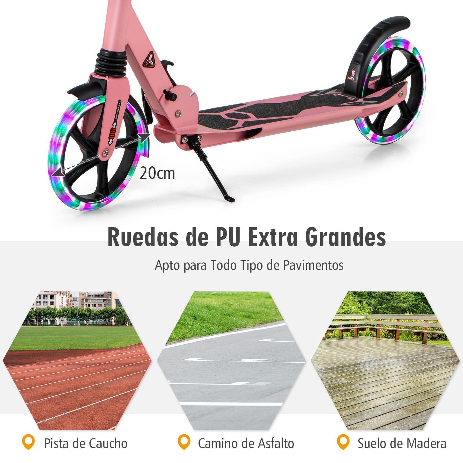 COSTWAY Patinete para Niños Más de 8 Años, Patinete Plegbale con Luces LED y Ruedas en PU Silenciosas 200mm XXL, Altura Regulable, Superficie Antideslizante y Freno de Pedal, Scooter Adulto