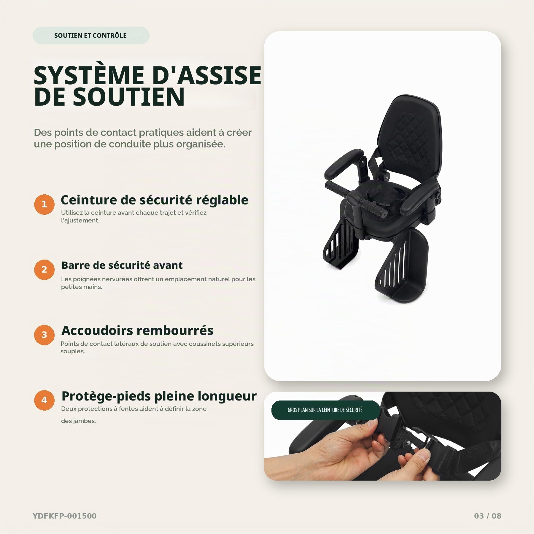 Siège enfant de vélo, siège enfant de vélo arrière, jusqu'à 50 kg, dossier haut avec 3 positions de réglage, ceinture de sécurité à 5 points et grande repose-pieds, pour enfants de 8 mois à 8