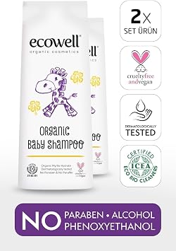 ECOWELL Baby Hair & Body Shampoo Set ، معتمد من العضوية والنباتية ، مضيف طبيعي خالٍ من البارابين 2x300ml