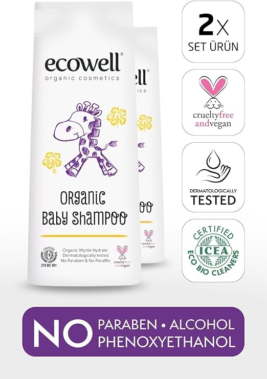 ECOWELL Baby Hair & Body Shampoo Set ، معتمد من العضوية والنباتية ، مضيف طبيعي خالٍ من البارابين 2x300ml