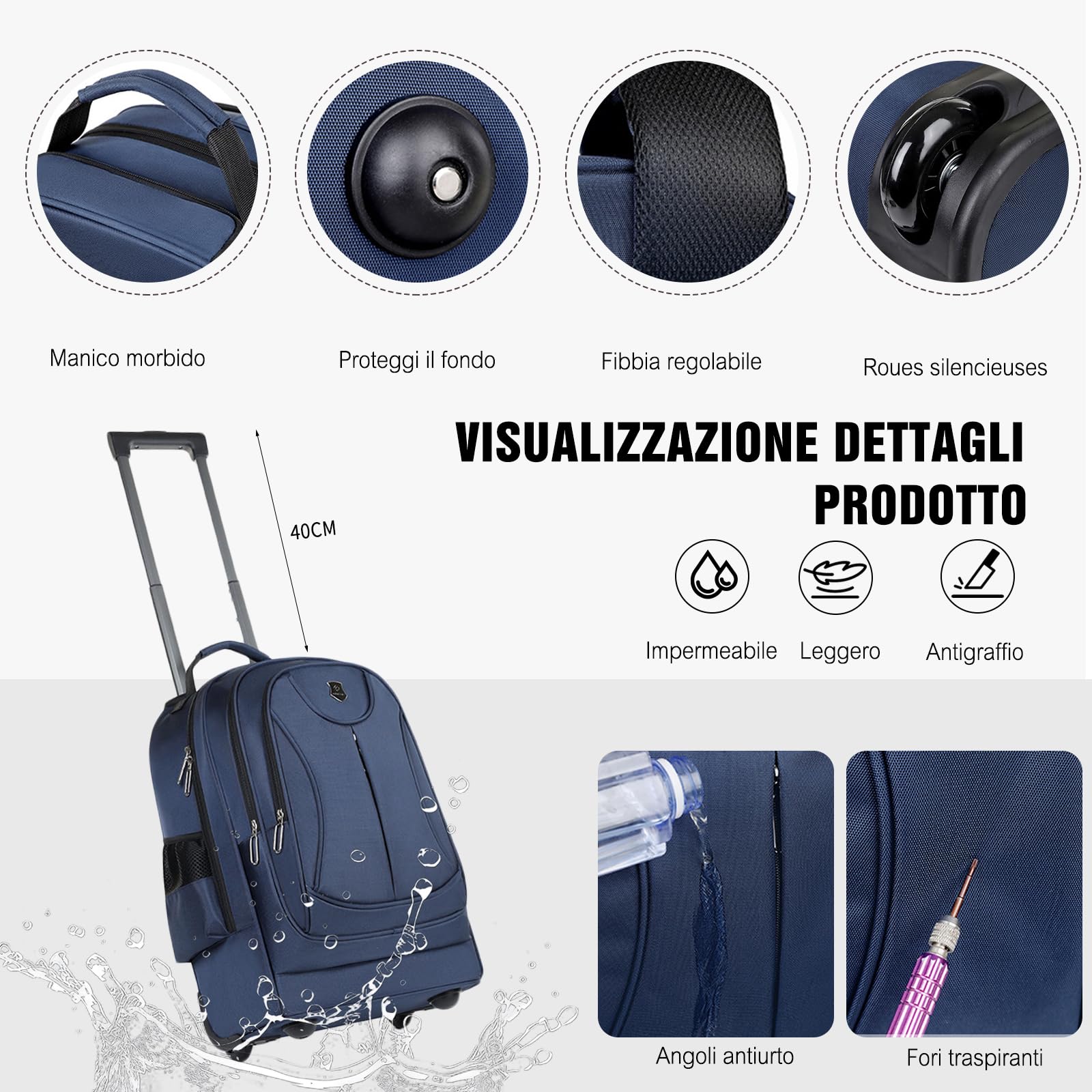 FANDARE 35L Trolley per 15.6 pollici PC portatili 2-in-1 Uomo Zaino con rotelle con manico telescopico Zainetto trasformabile Borsa per Insegnante con Ruote Borse Messenger Zaini ufficio giorno Blu