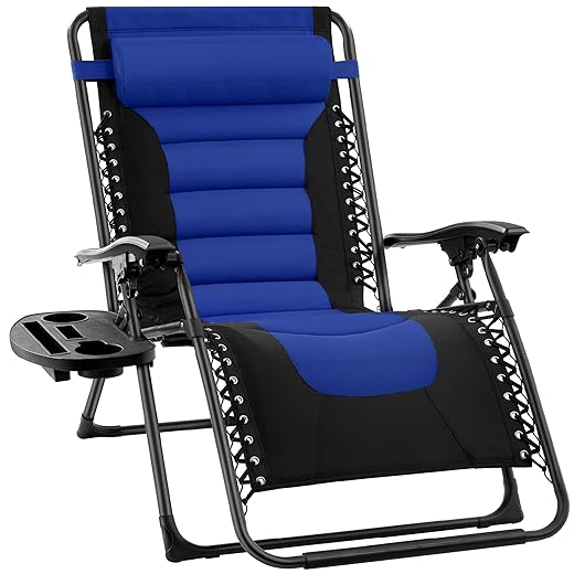 Best Choice Products Oversized Padded Zero Gravity Chair, Folding Outdoor Patio Recliner, XL Anti Gravity Lounger for Backyard w/Headrest, Cup Holder, Side Tray, Polyester Mesh - Blue