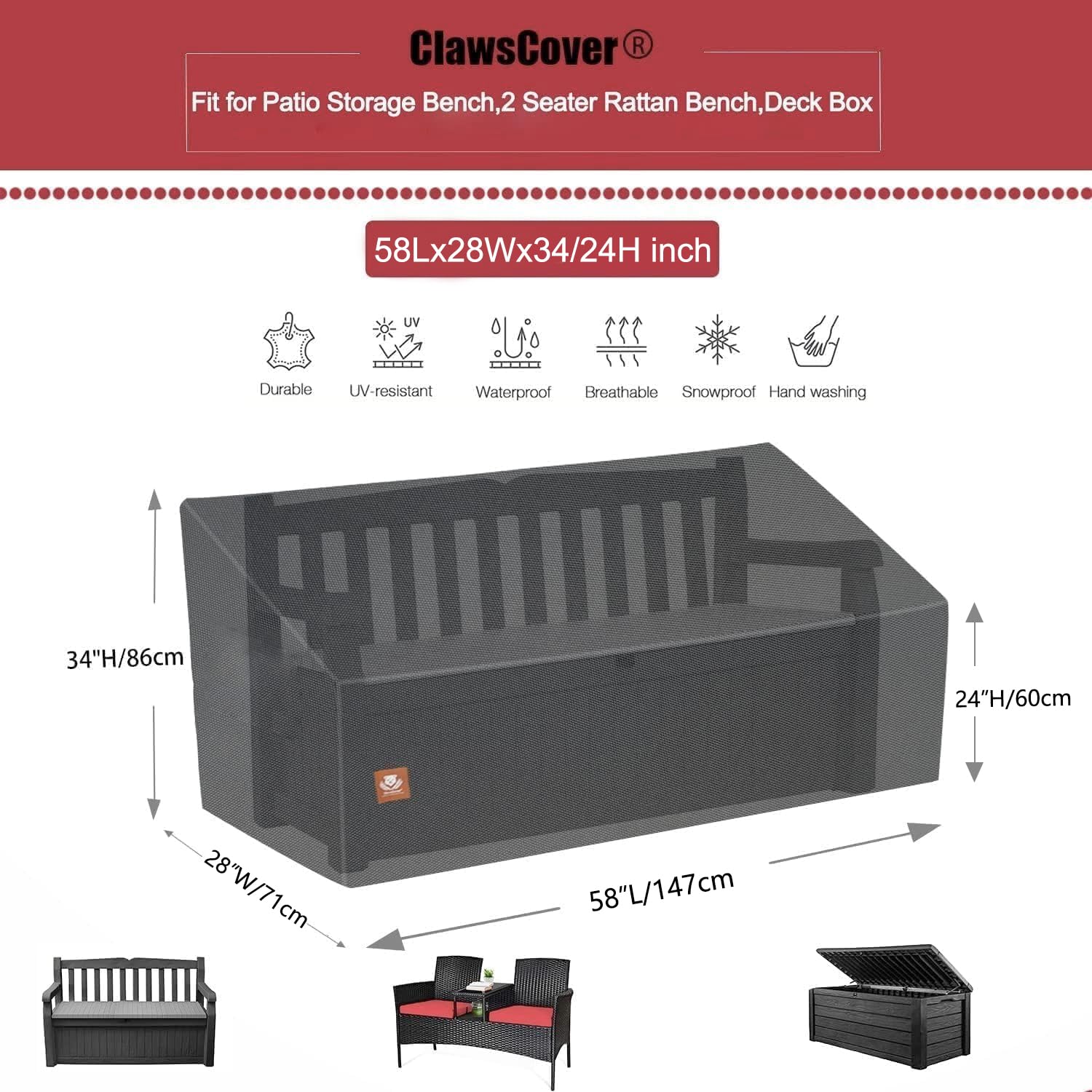 Amazon.com: 2 Seater Outdoor Patio Seating Storage Bench Cover Waterproof  for Keter Solana 70 Gallon Storage Bench Deck Box and Sofa Couch Chair  Loveseat Furniture,with Drawstring,58Wx28Dx34H Inch-ClawsCover : Patio,  Lawn & Garden