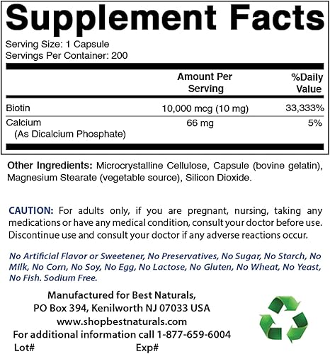 Best Naturals Biotina 10,000 Mcg y glicinato de magnesio 425 mg