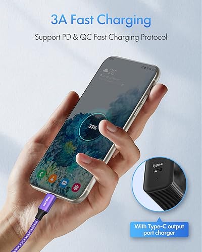 Miniatura 3 de Cable largo USB C a USB C de 10 pies morado, paquete de 2 cables de carga rápida de 60 W tipo C a tipo C, cable de carga USBC a USBC para Samsung