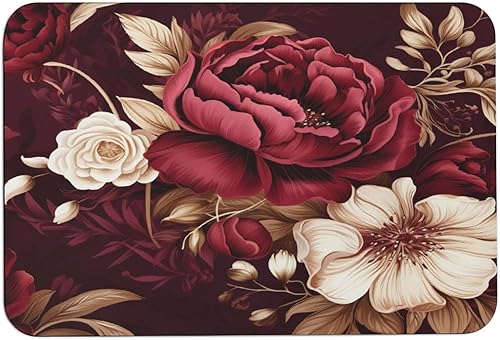 Miniatura 1 de Tapetes de baño elegantes con diseño floral burdeos, alfombra de baño elegante con diseño floral de gota, volumen antideslizante, súper absorbente,