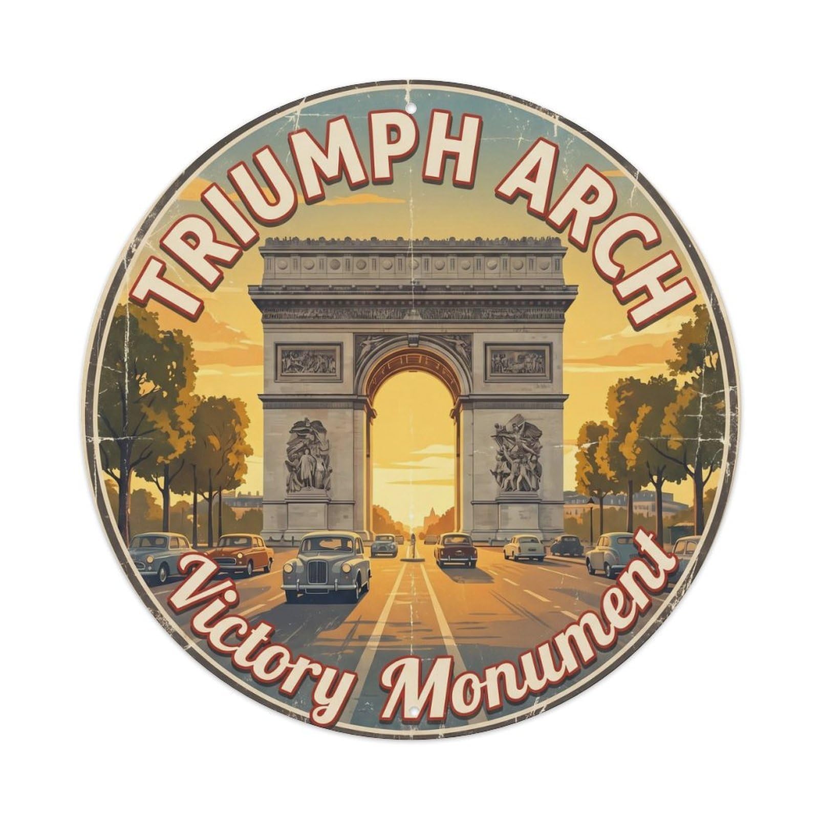 Vintage Travel Arc Triomphe Parisian Metal Tin Sign Plaque Wall Decor for Cafe, Club, Garden Round Metal Poster 8x8Inch