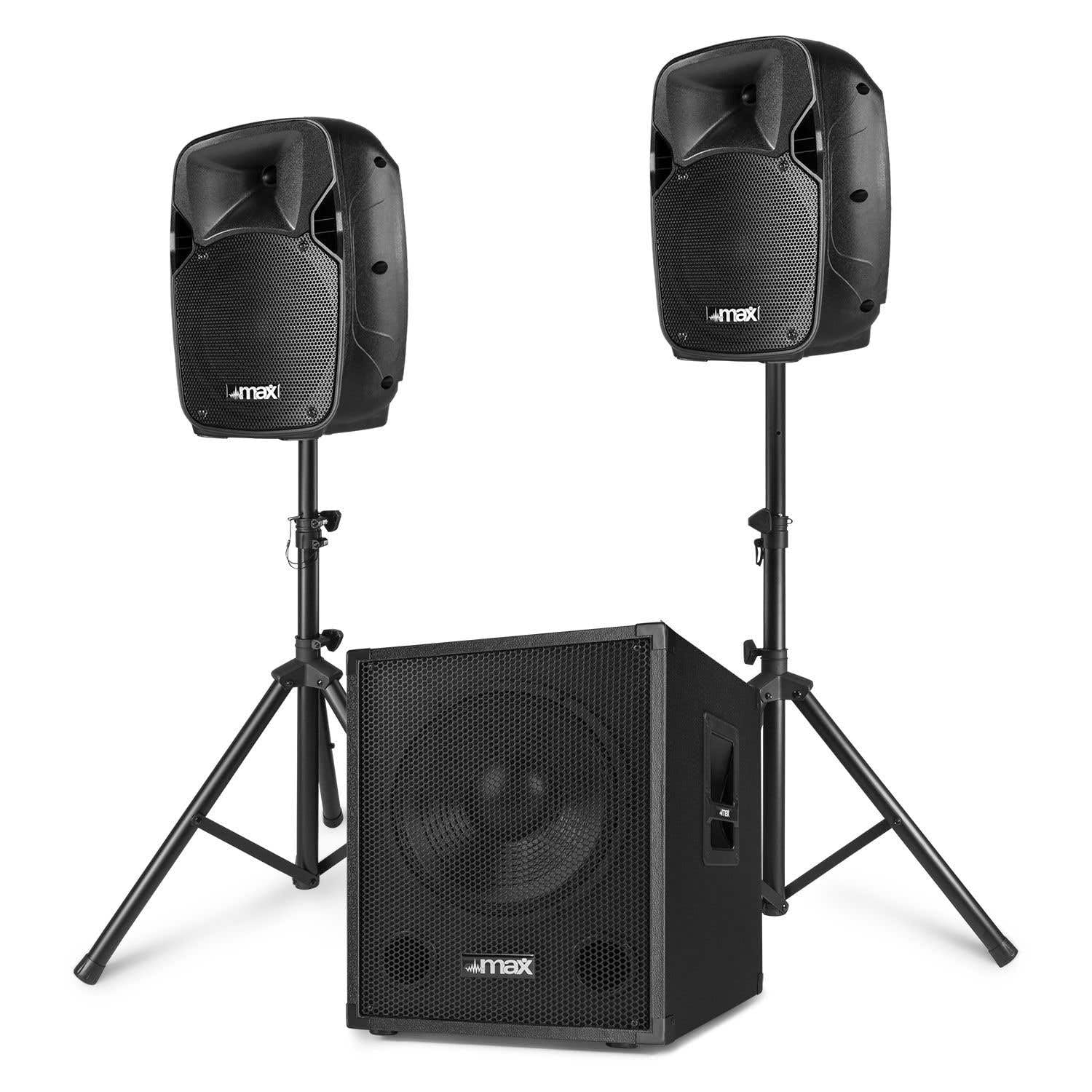 MAX MX700 DJ Boxen Set mit einem aktiven 12 Zoll Subwoofer und Zwei Passive 8 Zoll Lautsprecher, 700 Watt PA Anlage Komplettset für Mobile DJs und Musiker auf kleinen Veranstaltungen, Schwarz