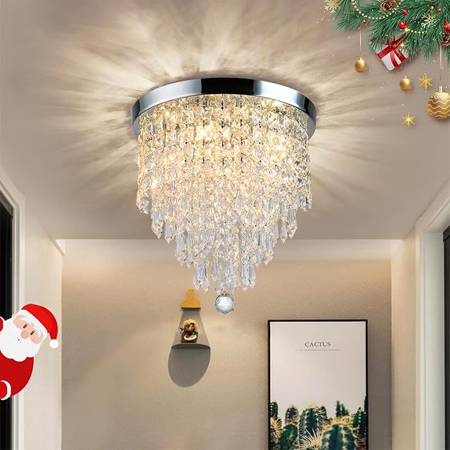 Luxurious Crystal Chandeliers Lighting, K9 Chandelier Crystals Ceiling Lights,φ300mm, Bead Lampshade with Clear Acrylic Jewel Droplets, Flush Mount LED Ceiling Light for Dining Room Bedroom Livingroom