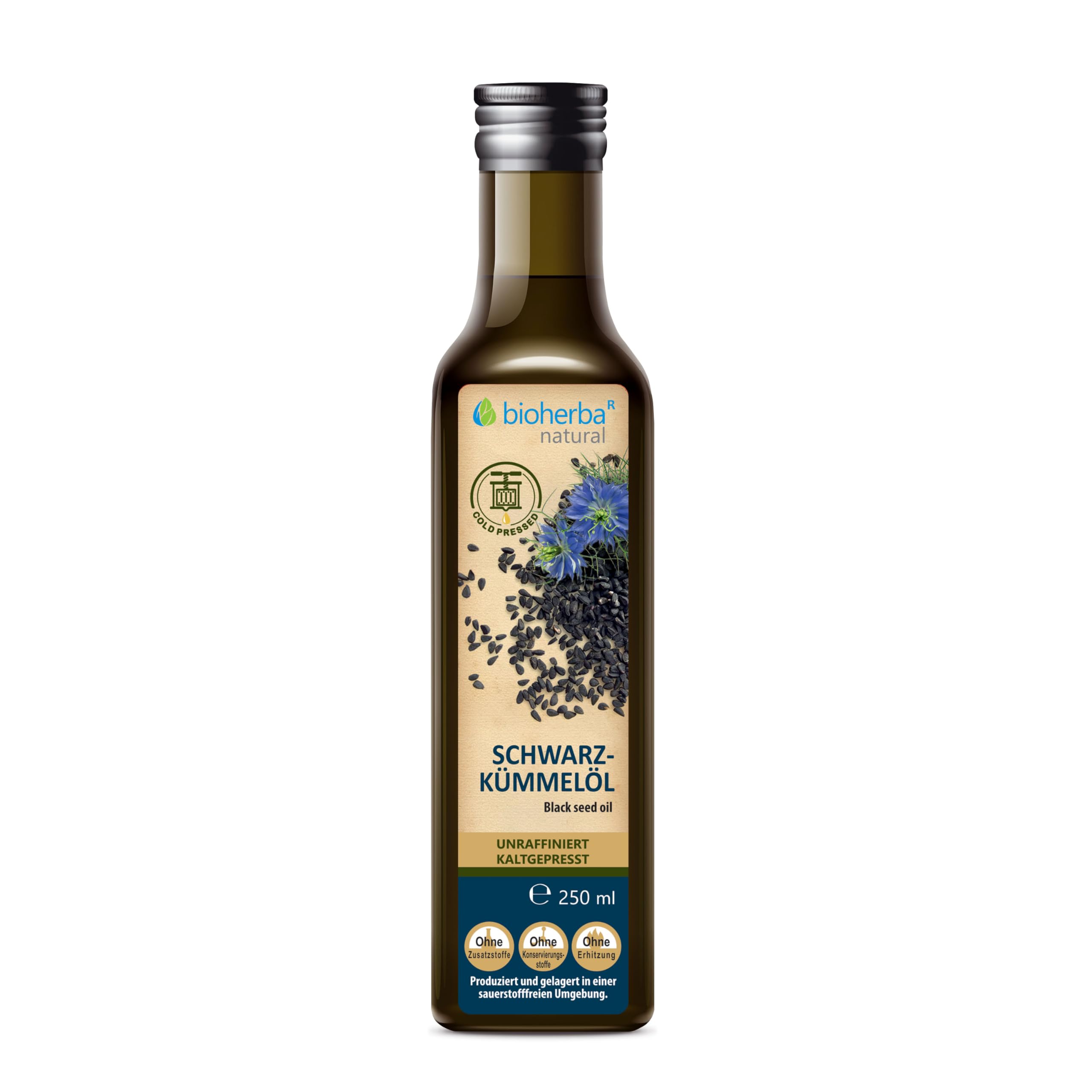 BIOHERBA Schwarzkümmelöl 250 ml – Kaltgepresst & ungefiltert aus Nigella sativa – Für Küche, Haut und Haarpflege