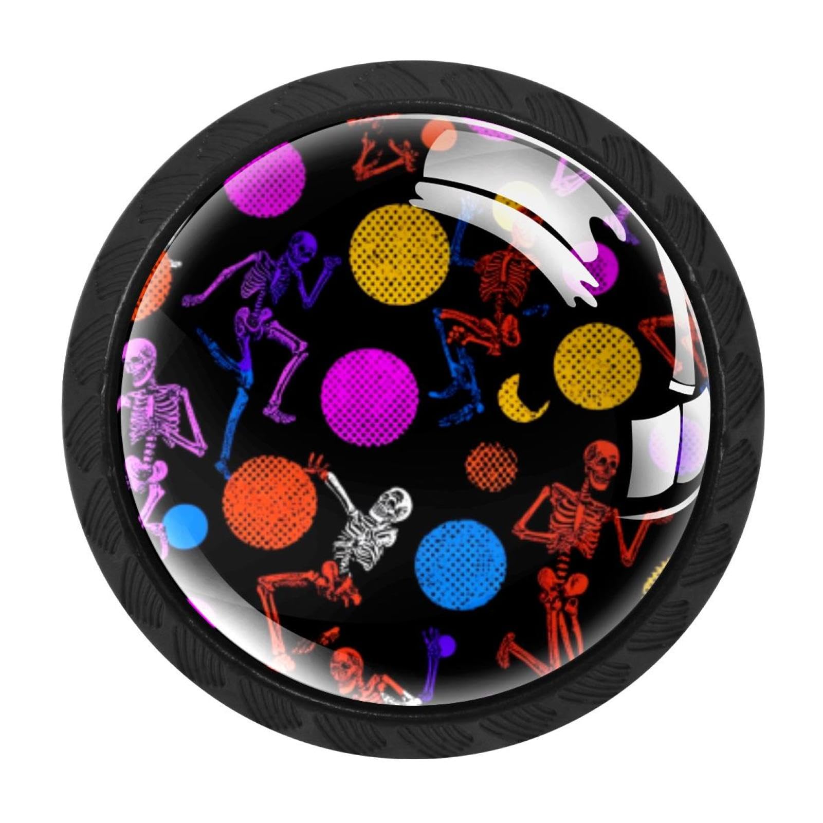 CHENZZZZ 4PCS Dance Skeleton Colored Circles Pattern (3) Dresser Knob Round Glass Drawer Knobs Pulls Cabinet Handle for Home Kitchen Office Bathroom Wardrobe Cupboard