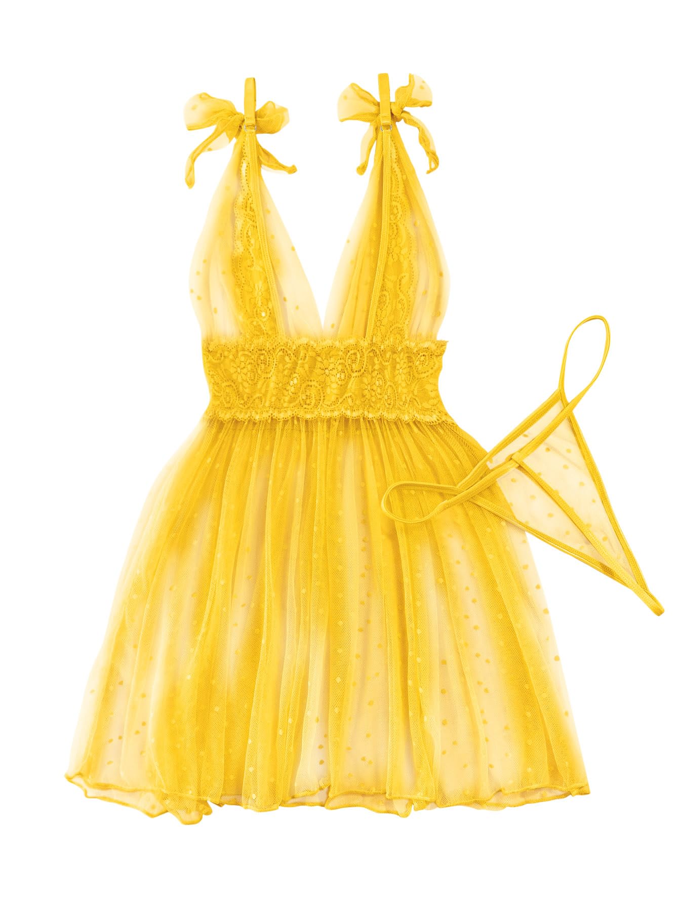 Lilosy Sexy Polka Dots Mesh Sheer Lace Babydoll Chemise Lingerie Set Floral Sleep Wear