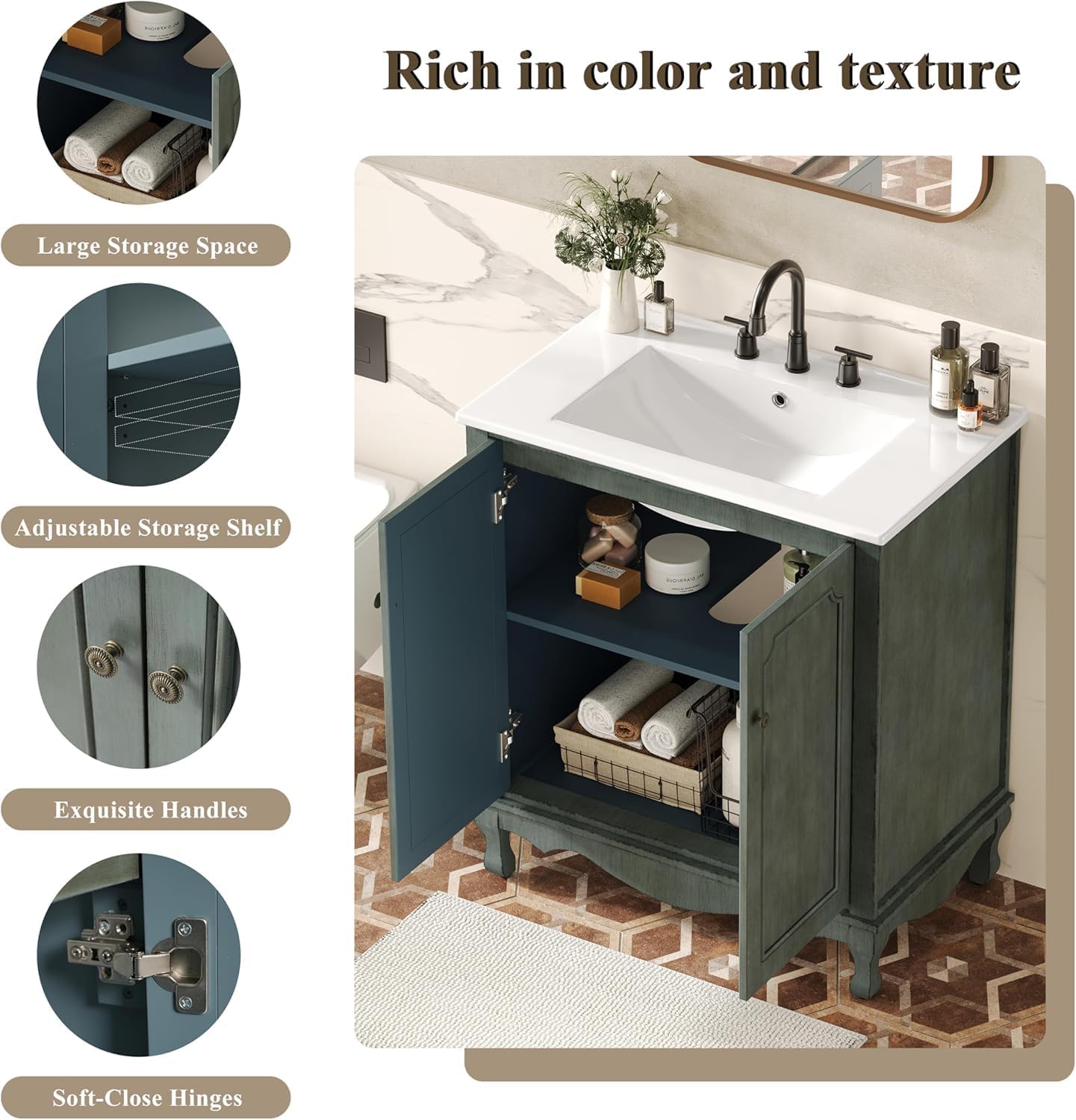Virubi 30 in Mid Century Modern Bathroom Vanity with Sink and Soft-Closing Doors,Solid Wood Vintage Antique Single Bathroom Sink Cabinet with Adjustable Shelves, Freestanding Green