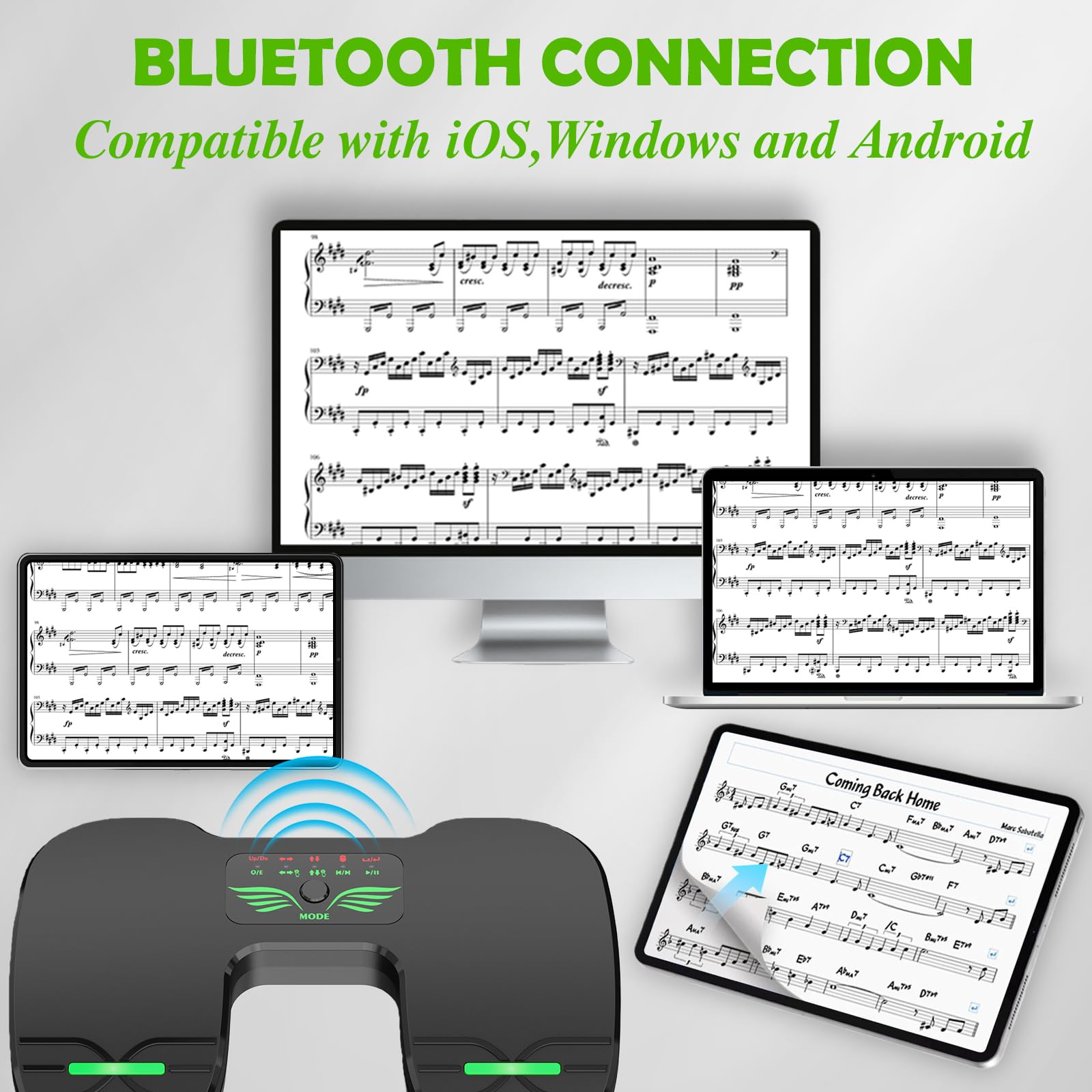 Bluetooth Page Turning Pedale: interruttore a pedale elettrico a due pedali, funzionamento multifunzione, pedale Page Turner, pedale laterale, per tablet e smartphone, musica