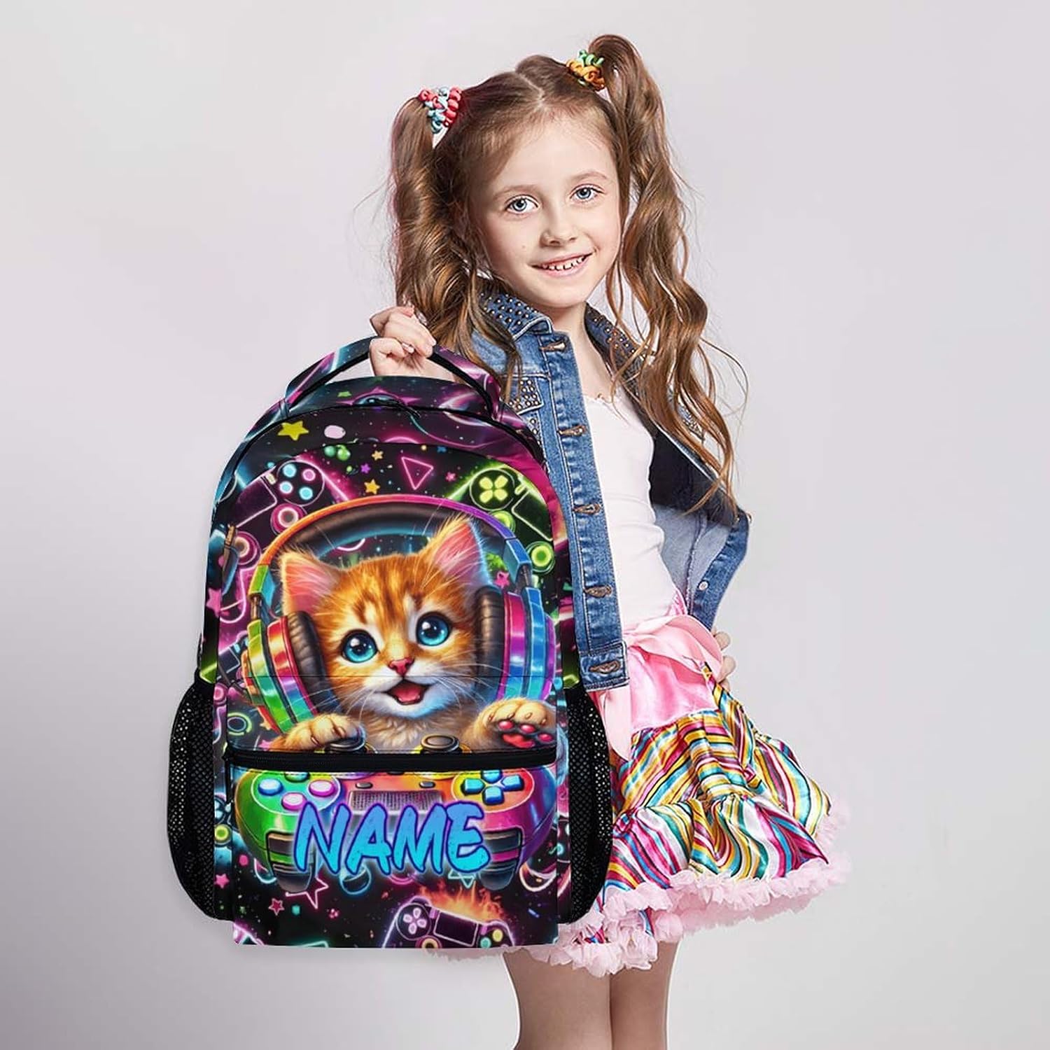 School Backpacks for Boys Personalized Gaming Backpack for Kids Students, 17 Inches Cat Theme Bookbag for Elementary Camping Travel, Custom Large Capacity Casual Back to School Supplies