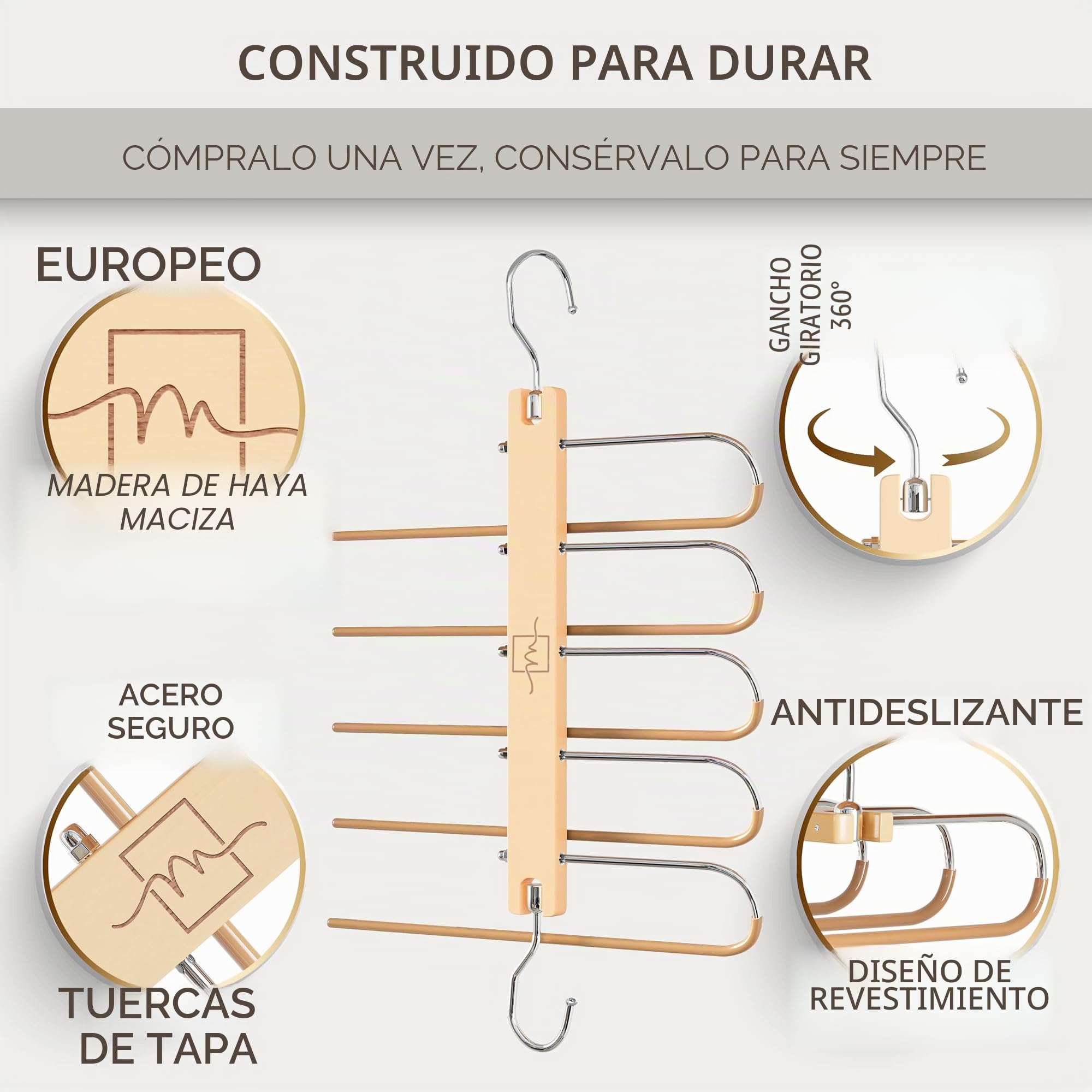MORALVE - Paquete de 2 perchas para pantalones de madera de haya europea - Ahorrador de espacio para vaqueros y bufandas - Organizador de armario y portapantalones, porta leggings y porta bufanda con