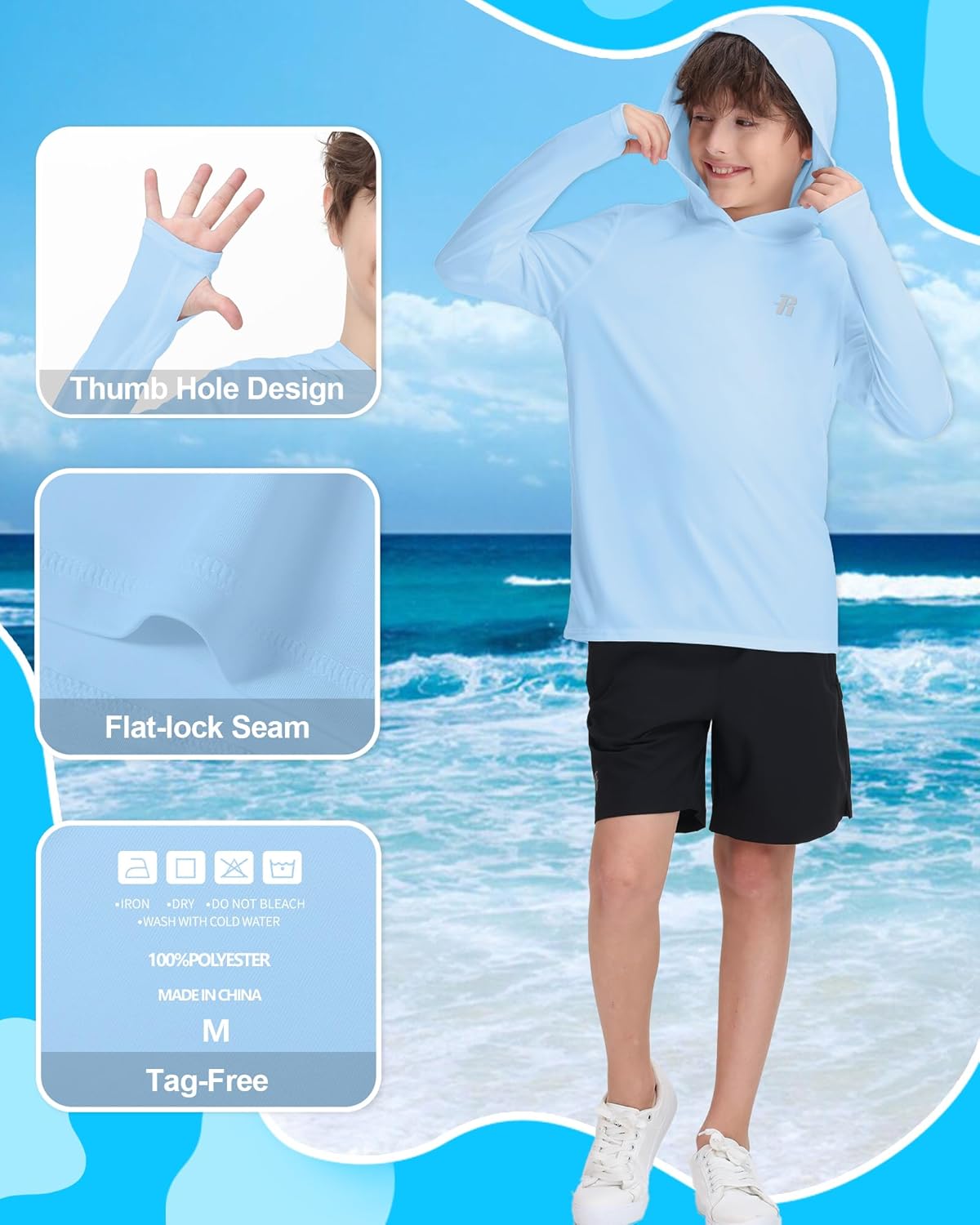 Runhit Boys & Toddler UPF 50+ Rash Guard Hoodie Kids UV Sun Protection Long Sleeve Shirt for Fishing Outdoor Beach Camping - Image 4