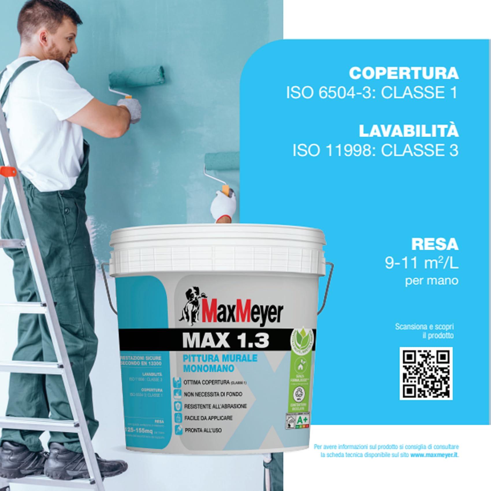 Pittura lavabile bianca Max 1.3 ottima copertura monomano senza fondo Lt. 14 Max Meyer