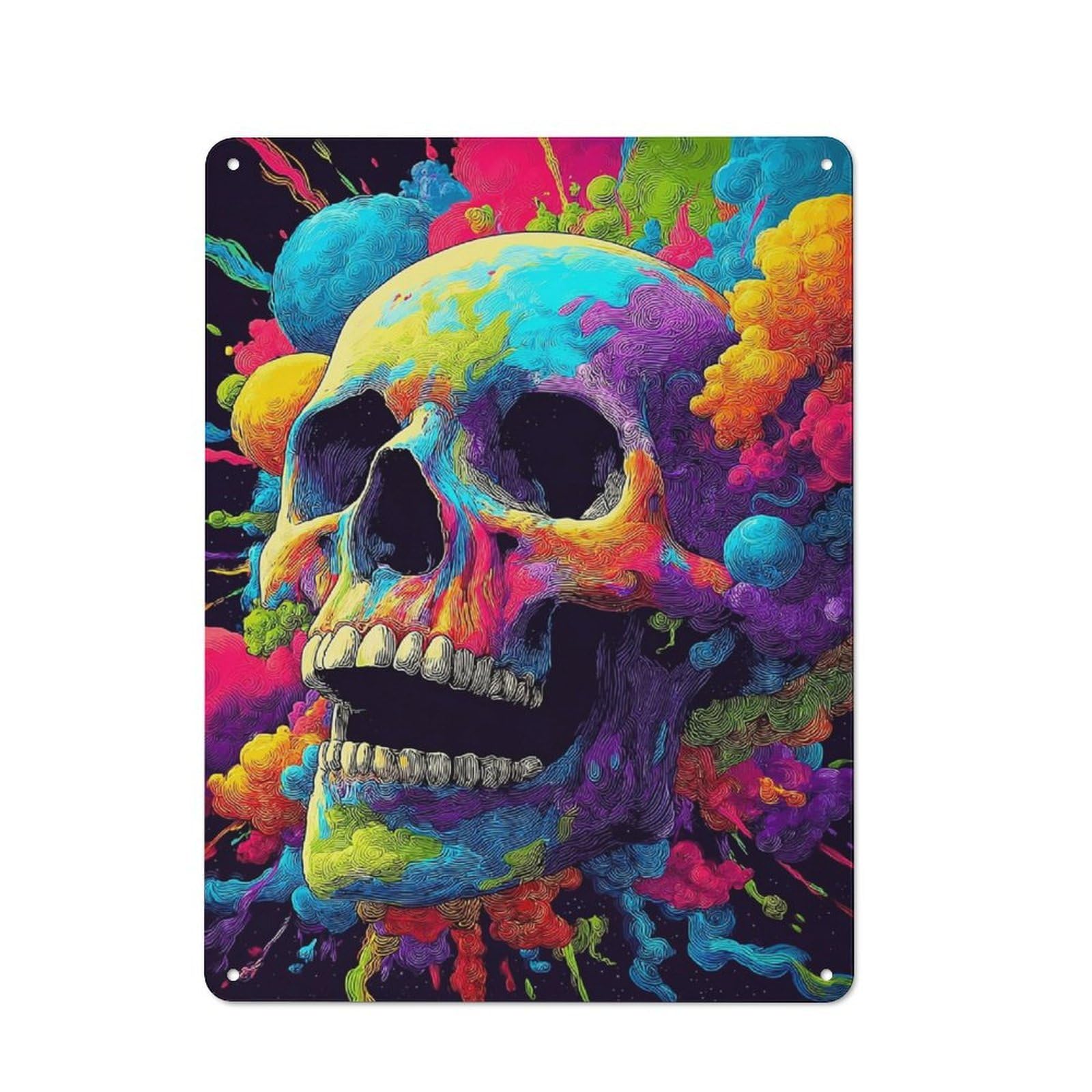 Junmoney Colorful Skull Artwork -1 Rustic Tin Wall Plaque 40X30cm For Kitchen Or Home Bar, A Winter Wall Decor Update For Kitchen Decor Lovers