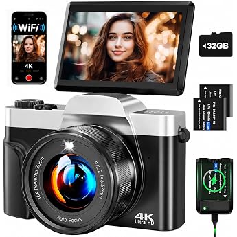 Digital Camera 4K 64MP with WiFi, Autofocus Vlogging Camera &amp; Webcam, 3 Inch 180&deg; Folding Display, 16x Digital Zoom, Shake Pr