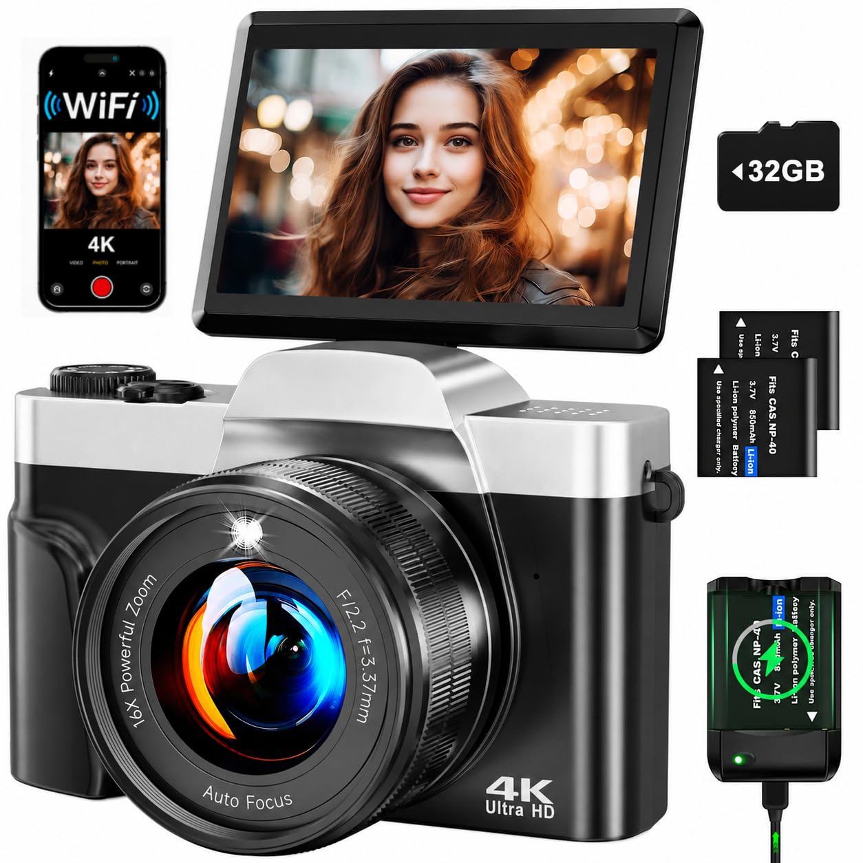 Cámara Digital 4K 64MP con WiFi, Cámara Vlogging con Autofocus y Webcam, Pantalla 3″ Abatible 180°, Zoom Digital 16X, Estabilización, Tarjeta SD 32GB, Base de Carga y 2 Baterías para Principiantes