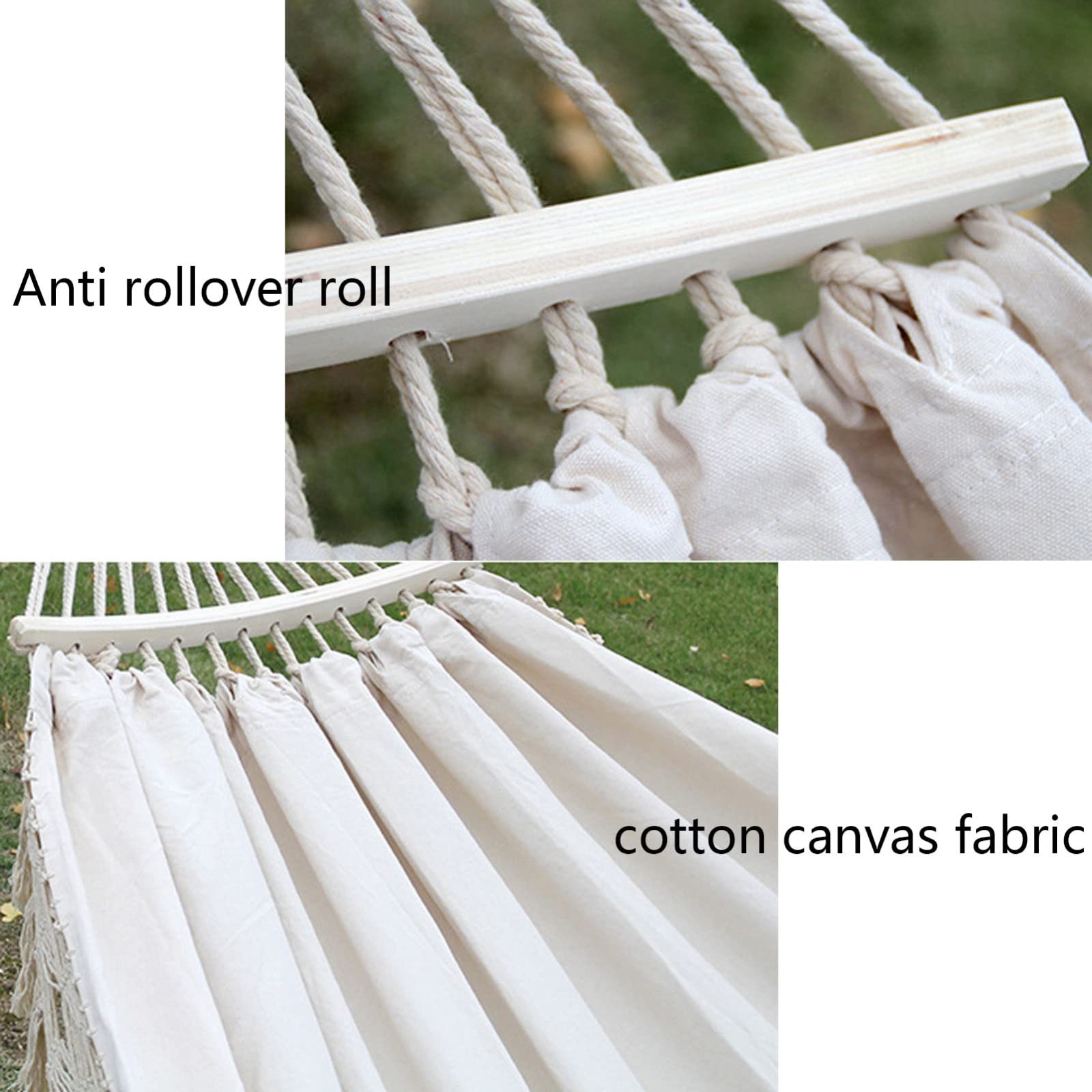Hamac double en toile de coton avec pompons brésiliens et franges, barre d'épandage au crochet et sac de transport inclus Blanc