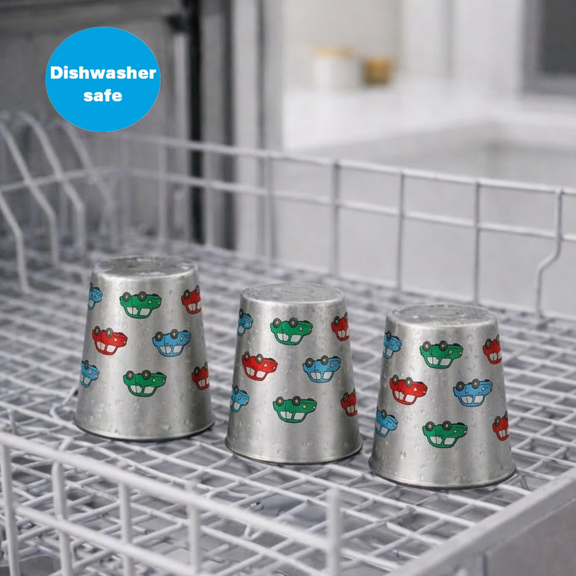 Open Cup Set of 3 Items | Stainless Steel | Plastic-Free | Kids Design | Ideal for Children, Toddlers and Babies (6 Months +) | 230ml x 3 (Car) — view 3