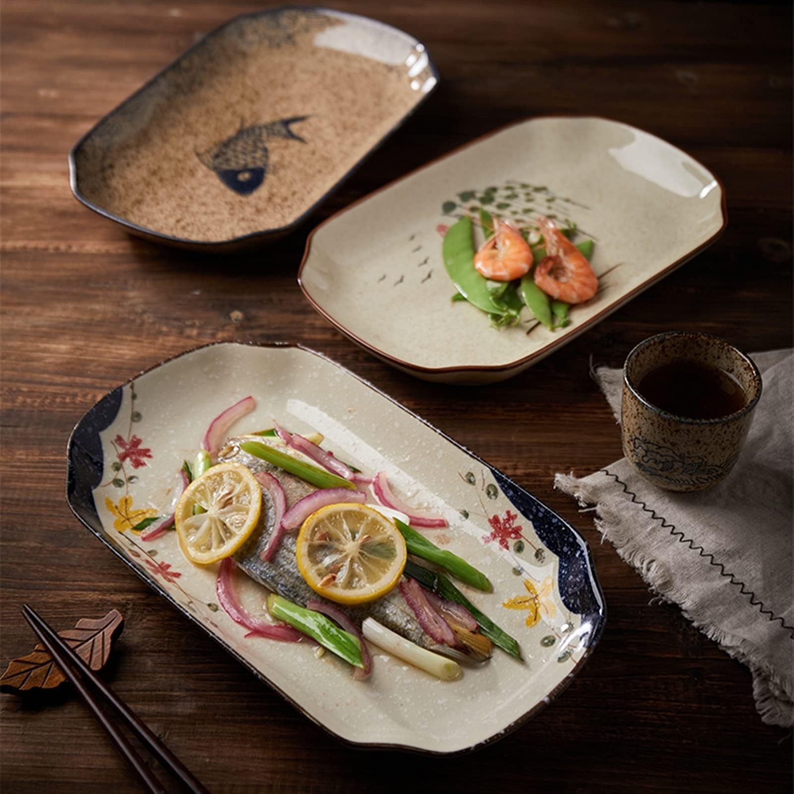 Assiette à dîner Assiette à dîner en céramique de Style Japonais, Motif rétro Peint la Main, décoration Restaurant, Vaisselle, Fournitures Cuisine(Willow)