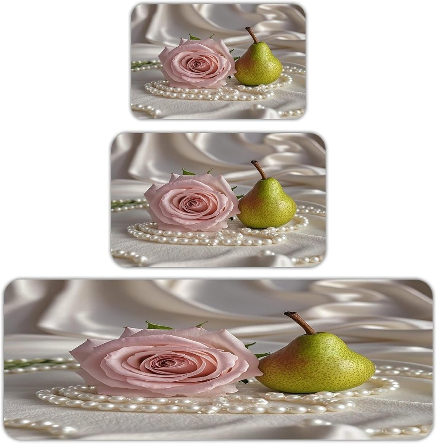 Rose and Pearls Kitchen Mats for Floor 3PCS Waterproof Low-Profile Kitchen Rugs Floor Mat Non Slip Anti Fatigue Mats Comfort Standing Mat Runner Rug Area Rug 6"x24"+20"x31"+17"x47"