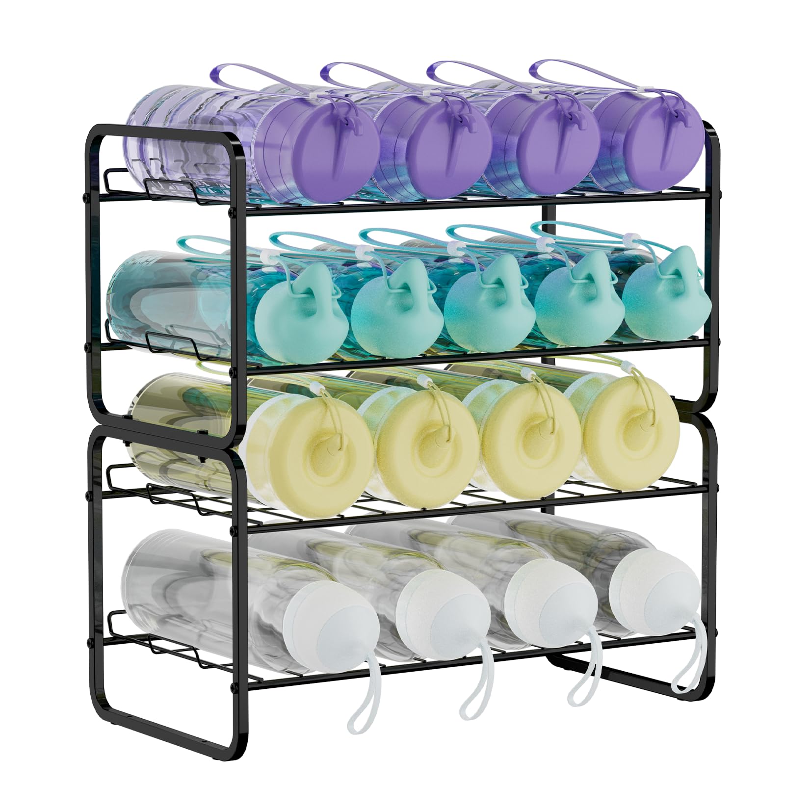 Water Bottle Organizer Stackable Water Bottle Storage Rack 2 Pack Drink Organizer Water Bottle Holder for Kitchen Pantry Fridge Cabinet Black Metal
