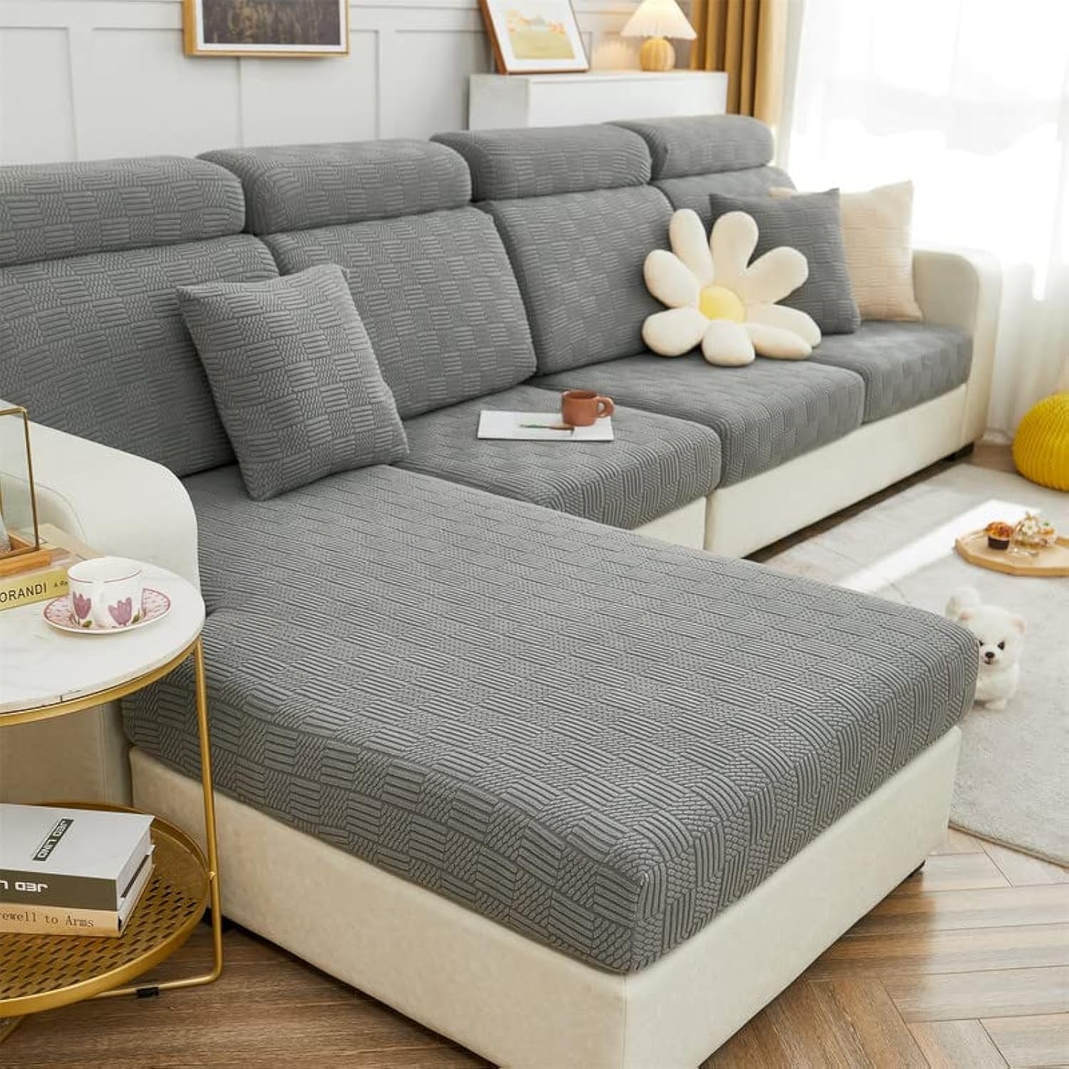 Universal Stretch Sofa Slipcovers - L Shape Couch Seat Covers, Soft Sofa Seat Protector Covers (Grey Cookie)