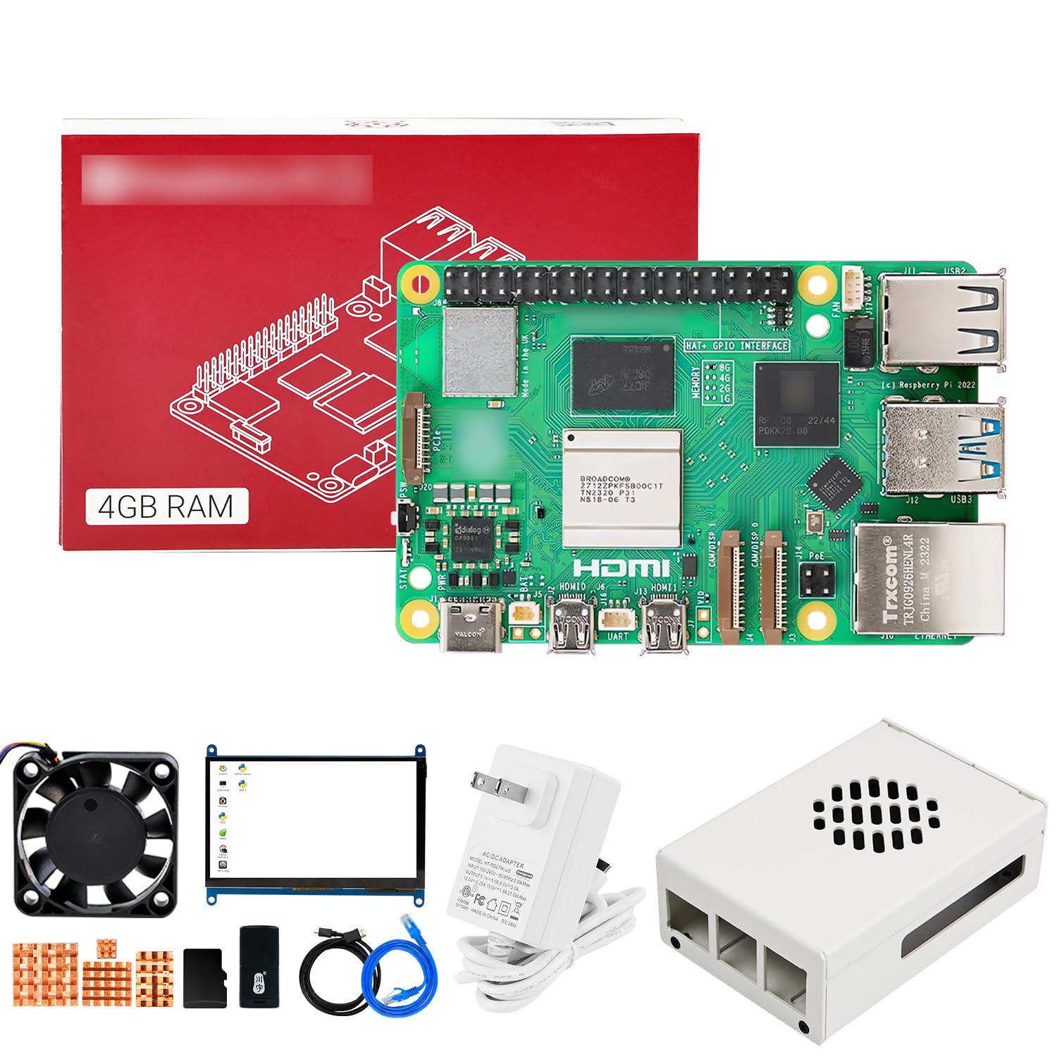 Yahboom Pi 5 4GB Board Starter Kit with 7inch IPS Display, 27W 5.1V/5A Power Adapter Heat Sink, Metal Case, HDMI Cable (Pi5 4GB, 7-in Screen Kit)