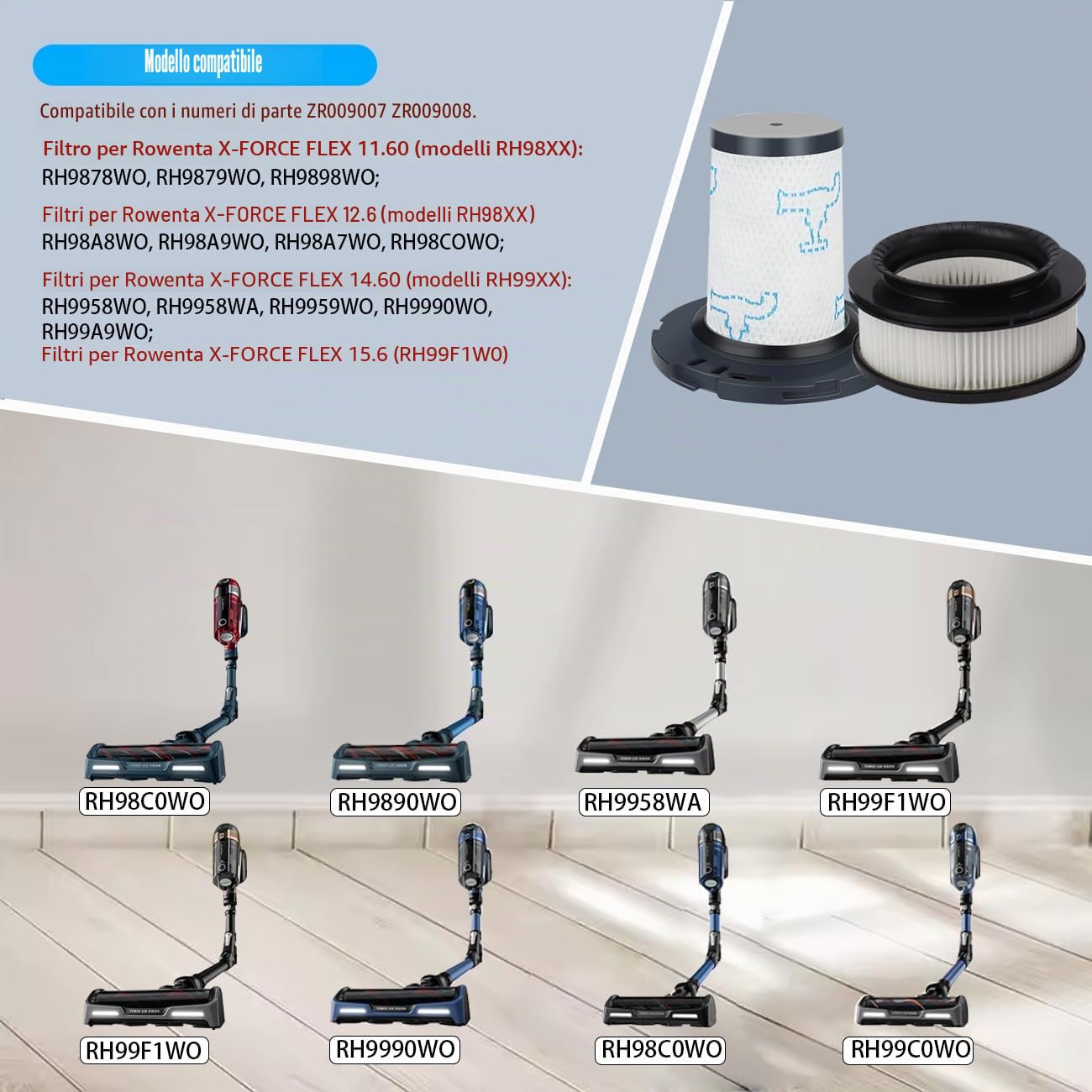 Filtro per Rowenta X-Force Flex 11.60 12.60 14.60 15.60 Animale RH98xx RH99xx Aspirapolvere, 2 Filtri pre-motore + 2 Filtri post-motore,Filtri di ricambio per ZR009007,ZR009008