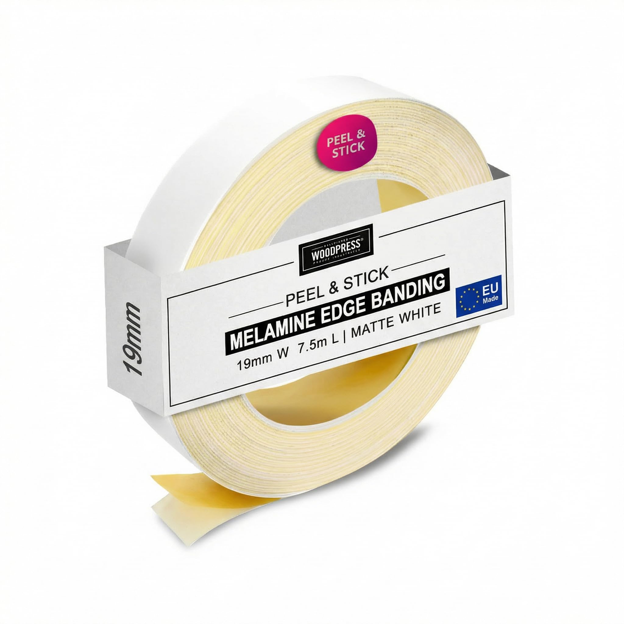 WoodPress® 19mm Matt White Peel & Stick Edging Tape - 7.5m Self-Adhesive Melamine Trim - Veneer Strip w/Sticky Backing - Easy DIY Fix (No Iron On) Edge Banding for Repair to Worktop, Shelf, Cabinet