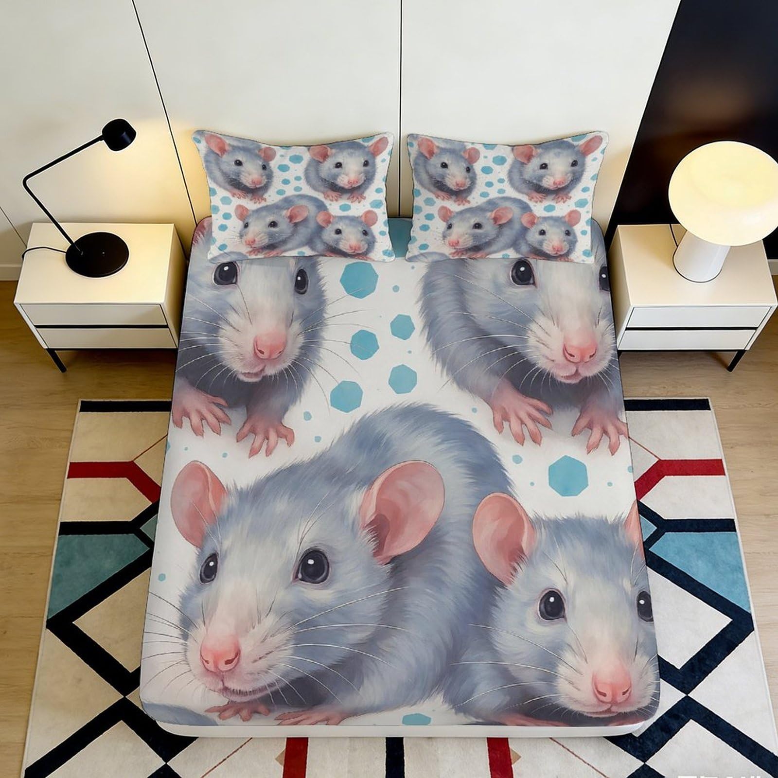 3D Printed Blue Rat Fitted Sheet Microfiber Soft Cartoon Mice Mattress Cover for Bedroom Guest Room Dorm Decor 120x200x25cm