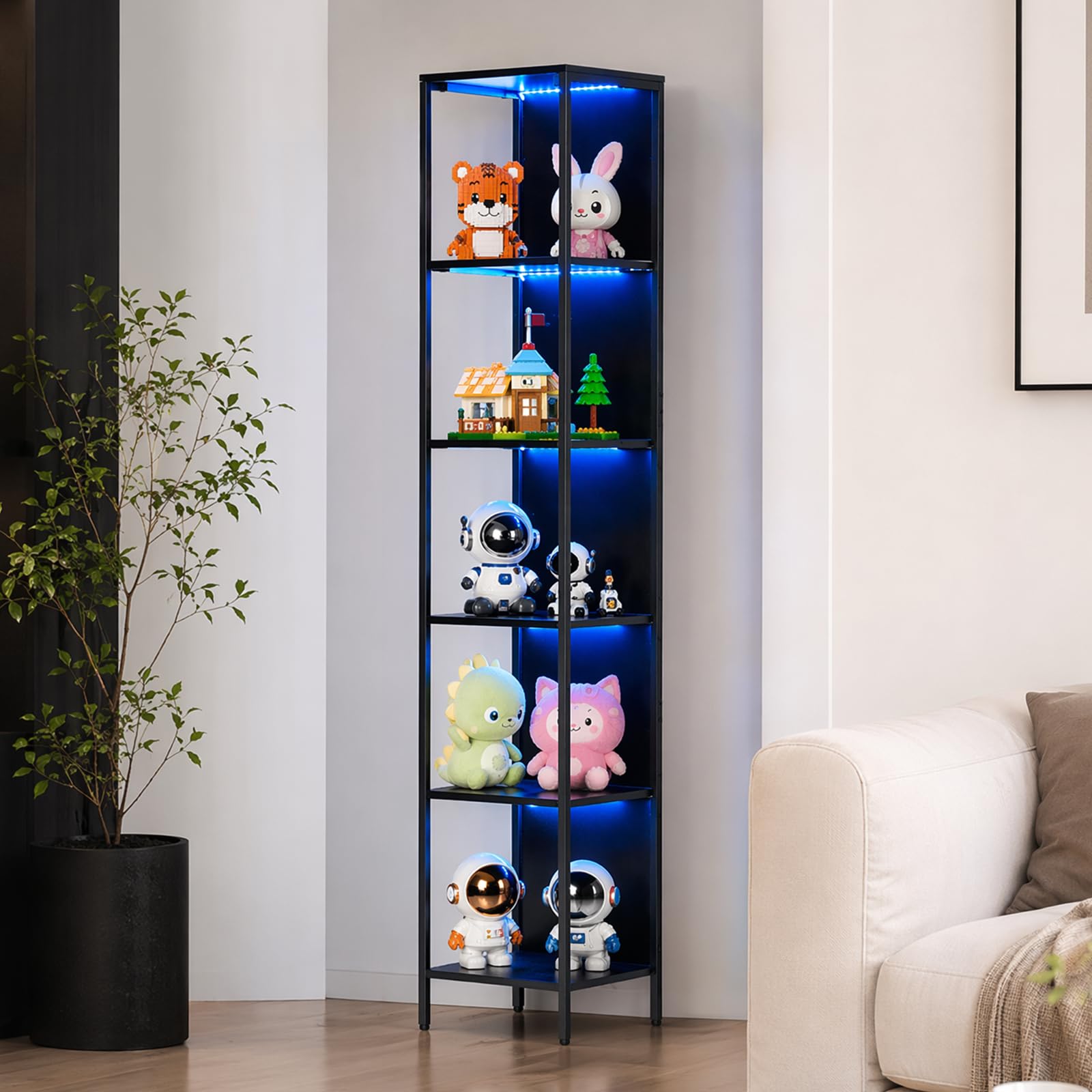 EGGREE Offene Sammlervitrine mit LED-Beleuchtung,Regal mit 6 LED Farben Beleuchtung, Vitrine für Sammlerstücke Bücher Wein, für Büro Wohnzimmer Küche, 40x30x178cm | Offene Sammlervitrine, 6 LED-Farben, Regal für Sammlerstücke, Bücher, Wein, geeignet für B