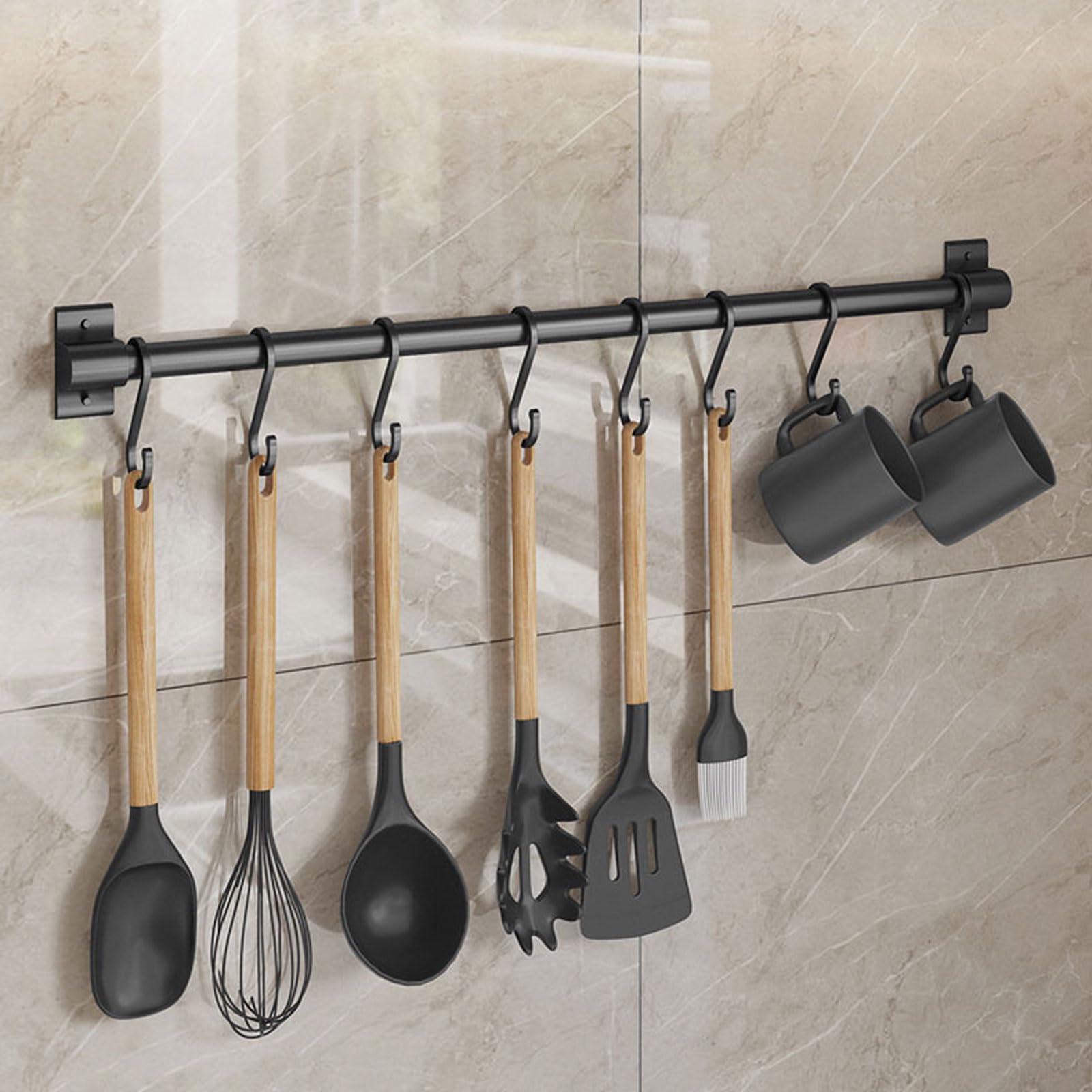 Porta Utensili Cucina,Barra Portautensili Cucina,Ganci Cucina,Supporto in Alluminio per Utensili da Cucina,Ganci Cucina Senza Buchi,Senza Foratura,Accessori Cucina，per Cucina,Nero
