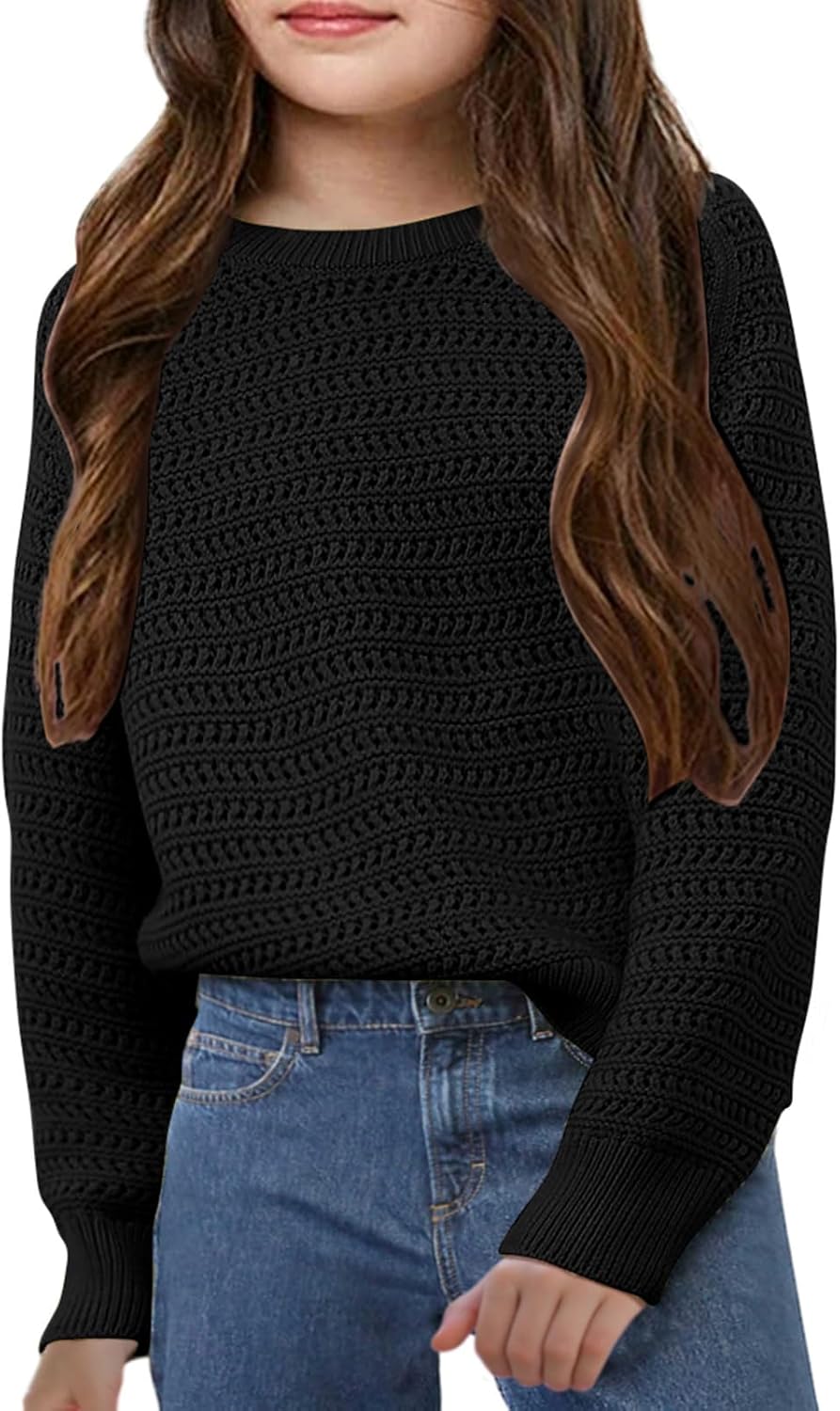 Girls Knit Sweaters Kids Fashion Chunky Crewneck Pullover Jumper Tops 5-14 Years