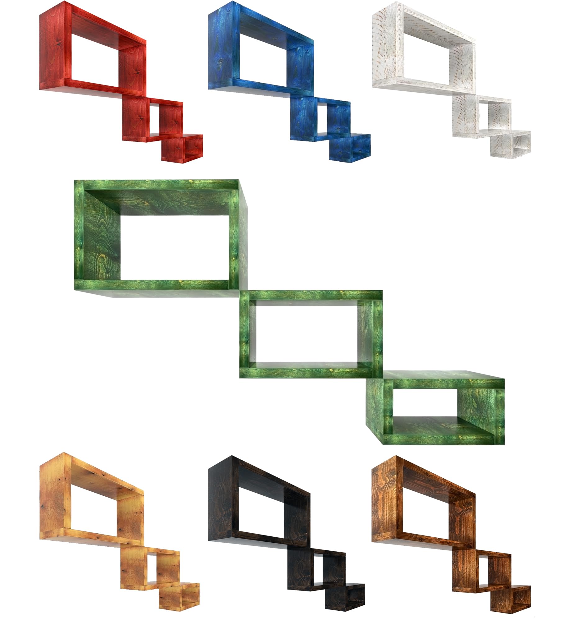 Kit di Mensole Sospese a Cubo in Legno Massello, Ripiani Artigianali, 7 Colori, 3 Dimensioni, Arredamento Bagno, Cucina, Camera da Letto, Ufficio, Made in Italy (Green)