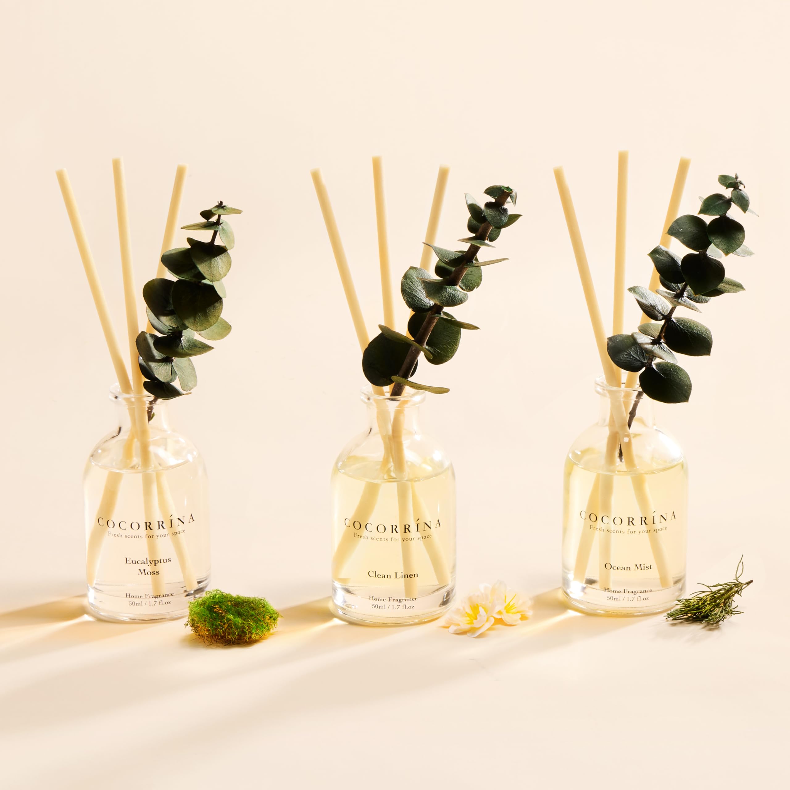 Cocorrina Eucalyptus Reed Diffuser Set of 3 - Eucalyptus & Moss, Clean Linen, Ocean Mist Scents, 1.7 fl oz Each, Total 5.1 oz, Scented Oil Diffusers for Home & Office