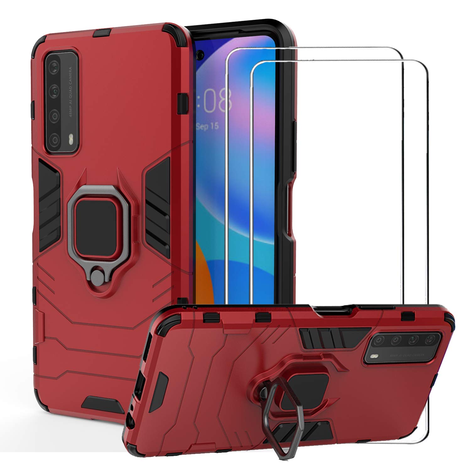 BestShare For Huawei P Smart 2021 Case & Tempered Glass Screen Protector (2 packs), Dual Laye Armor Defender Anti-Scratch Kickstand Shockproof Cover with Rotation Finger Ring Grip, Red