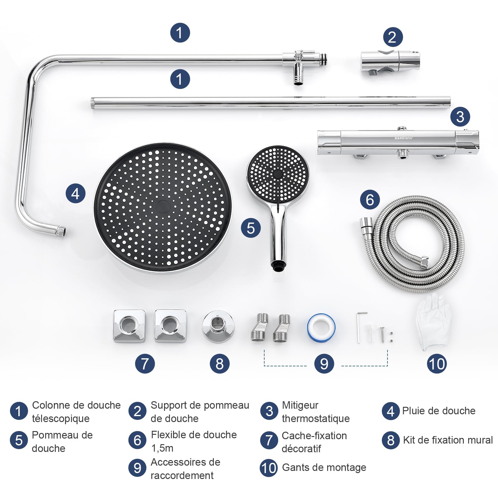 Colonne de Douche Thermostatique Inox 25cm Pluie Tropicale Pommeau 3 Jets Réglable Hauteur Protection Anti Brûlure Économie d'Eau Installation Rapide Ensemble de Douche avec Mitigeur