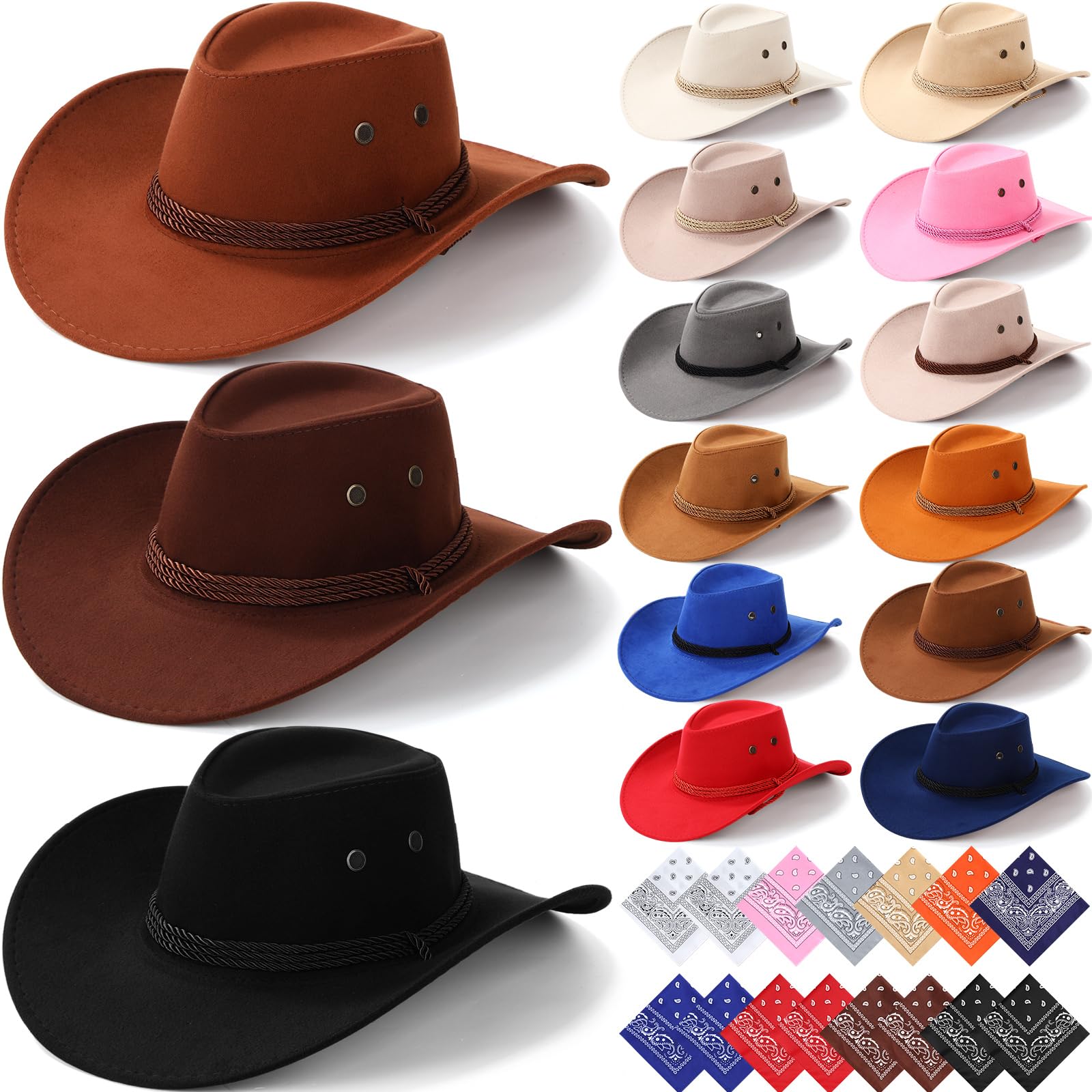 Coume 15 Set Cowboy Hats Bulk for Adults with Bandannas