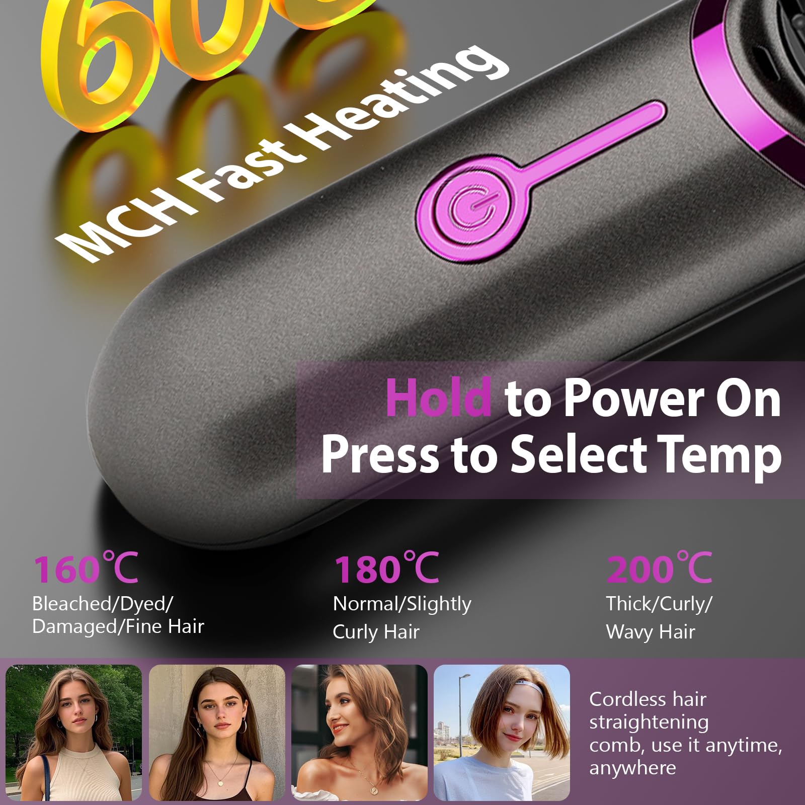 Spazzola Lisciante per Capelli 5200mAh, Piastra per Capelli | Senza Fili, Spazzola Elettrica Lisciante, Piastra Lisciante, 3 Temperature 160°C-200°C, Riscaldamento Rapido