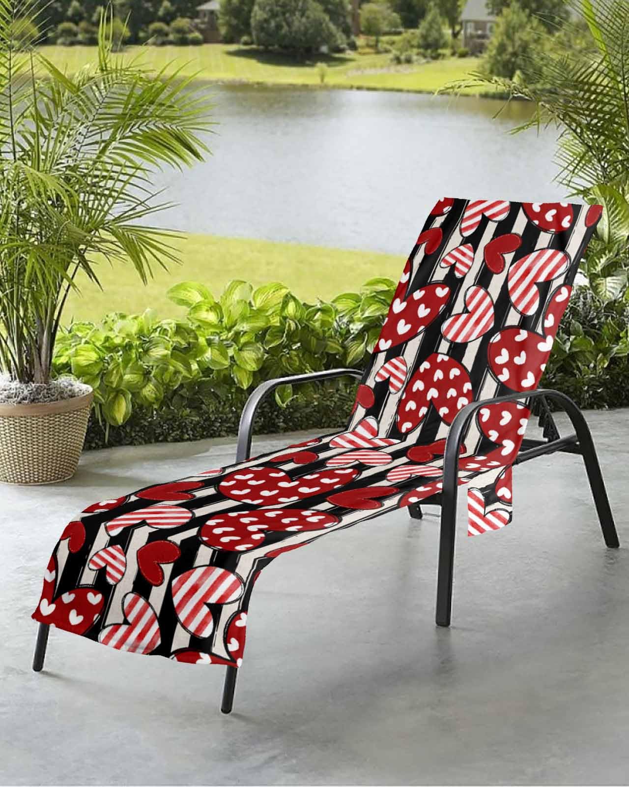 Love Stripes Beach Chair Towel Covers for Chaise Lounge with Side Pocket, Soft Plush Pool Towels Cover for Patio Sunbathing Outdoor 29''x85'' Valentine's Day Polka Dots Black Geometric
