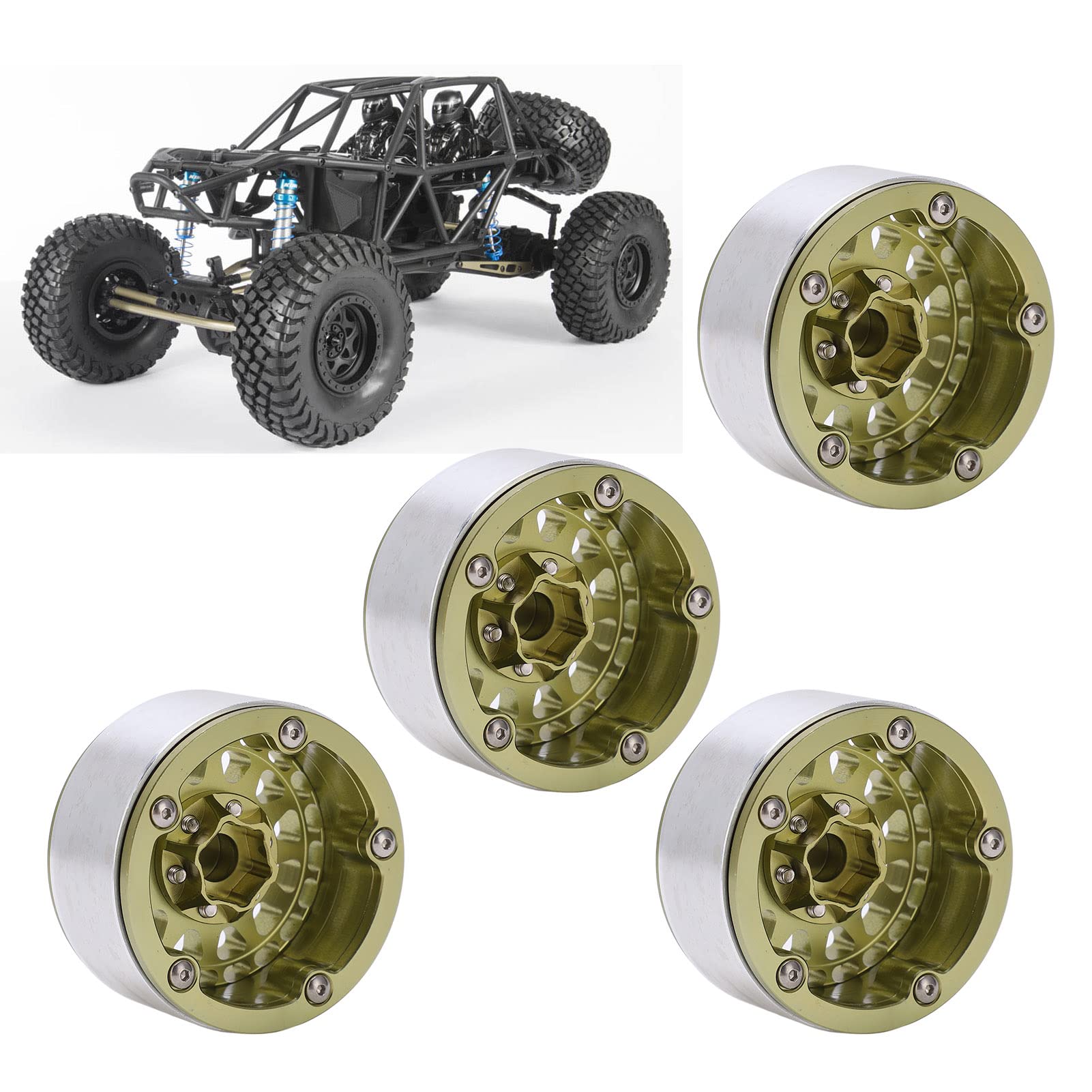 Piasta Koła Samochodowego RC, 4 Szt. Beadlock RC Piasta Koła Samochodowego Zestaw 1.9in Felga Ze Stopu Aluminium Do 1/10 1/12 1/14 Samochody Zdalnie Sterowane(Jasnozielony)