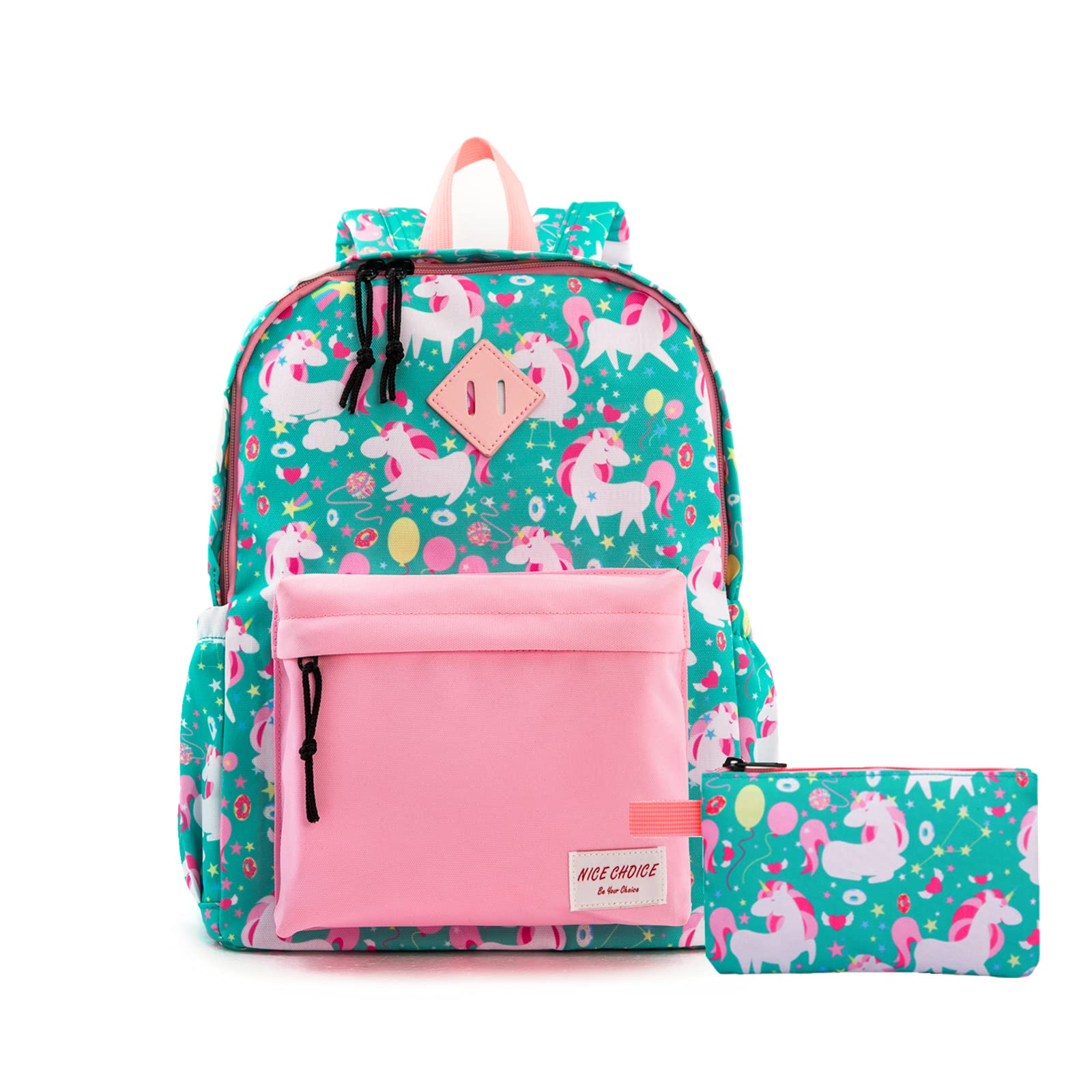 Preschool Backpack Kindergarten Elementary School Little Kid Toddler Backpacks With Lunch Bag Pencil Case Set for Boys and Girls with Chest Strap (Green Unicorn)