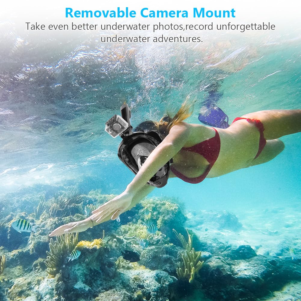 Masque de Plongée Intégral Adulte Vue Panoramique 180° Anti-buée Anti-Fuite Tuba Pliable Support Caméra