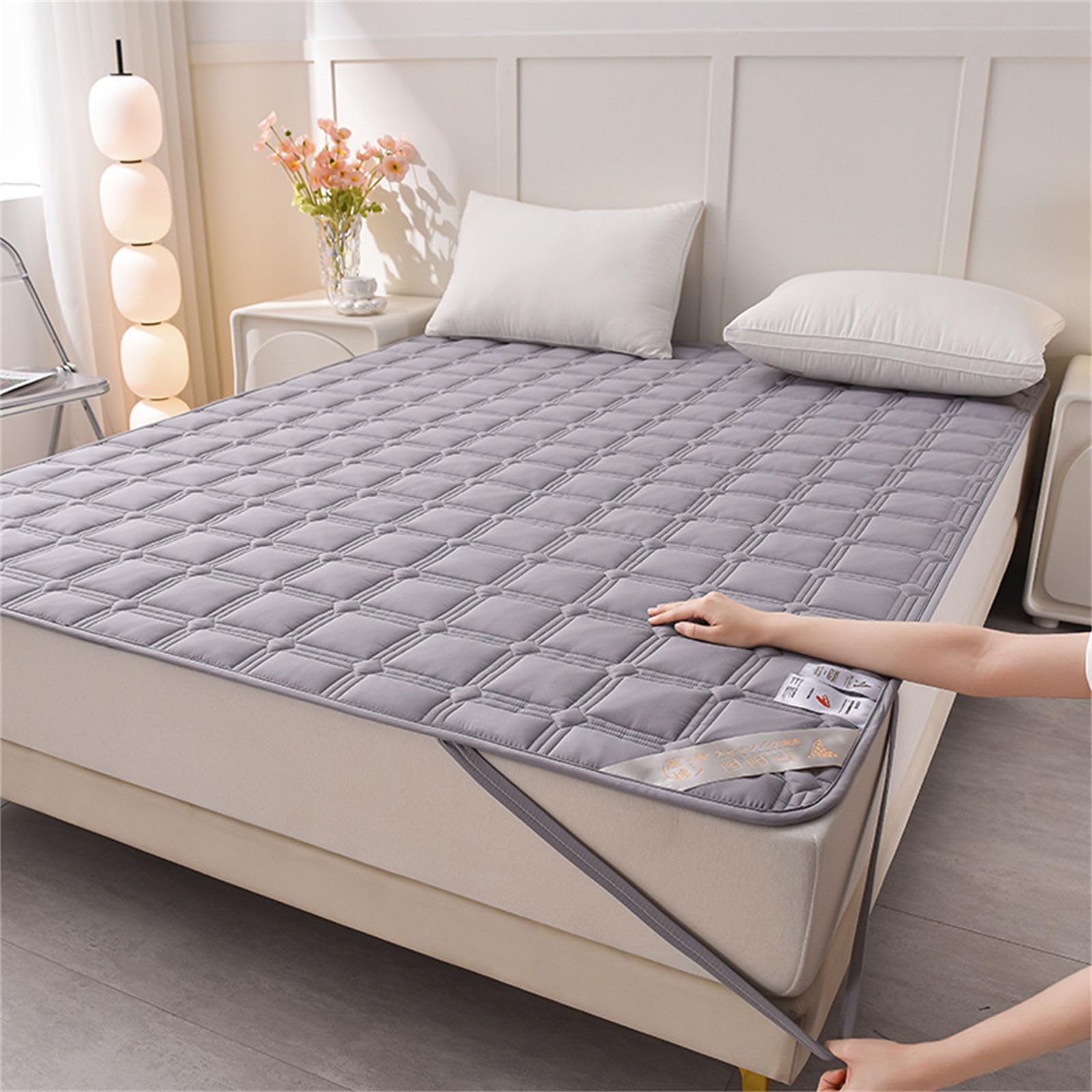 Odot Protector de Colchón Acolchado Color Sólido, Protectores de Colchón Funda de Colchón con 4 Bandas Elásticas Cubre Colchón Suave Comodo Sábana Protectora para Cama (150x200cm,Gris A)