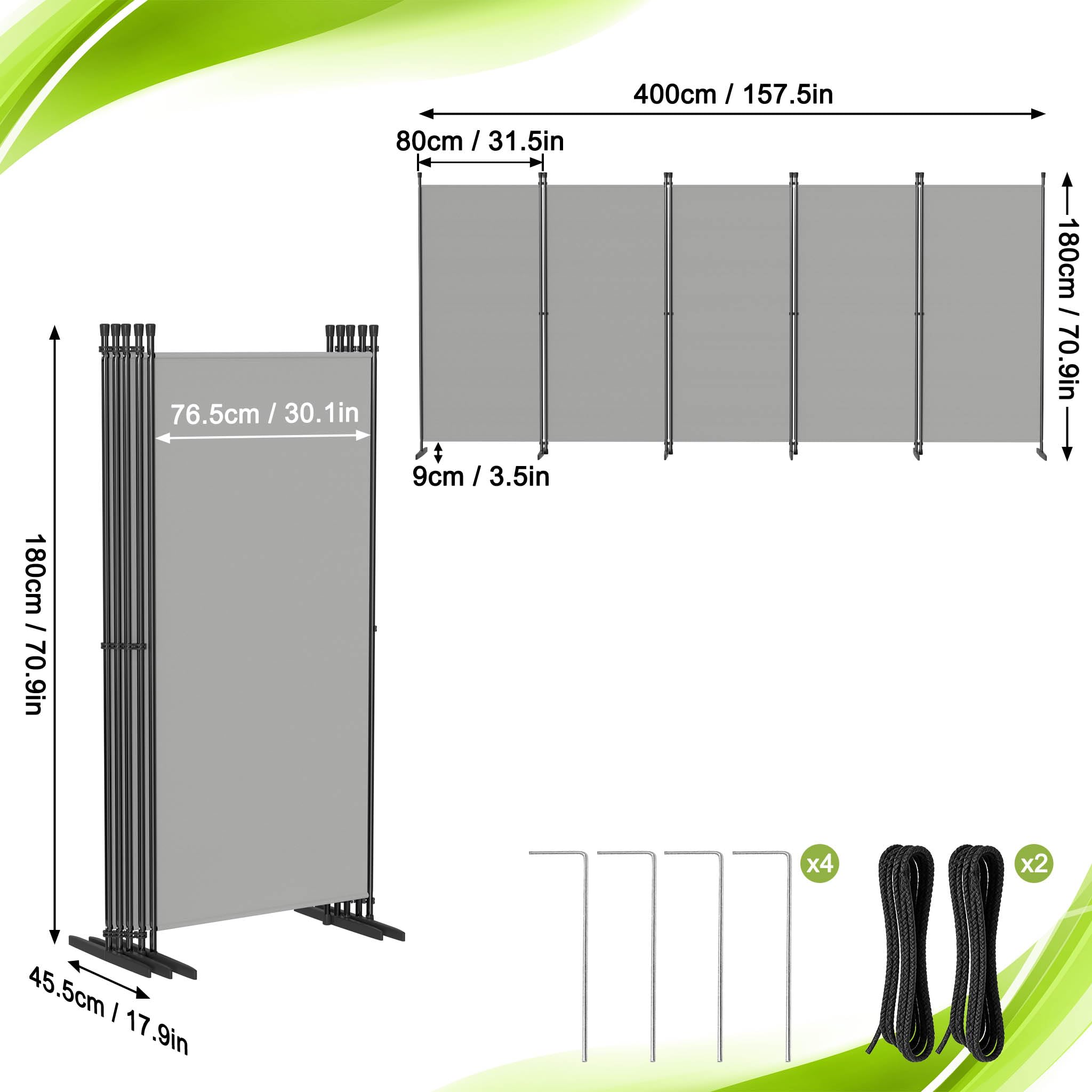 ACXIN Parawan, 5-częściowy, 400 x 180 cm, wolnostojący, ochrona przed wzrokiem i ścianka działowa, na balkon, do salonu i biura, składana ściana hiszpańska, nieprzejrzysta ścianka działowa, parawany